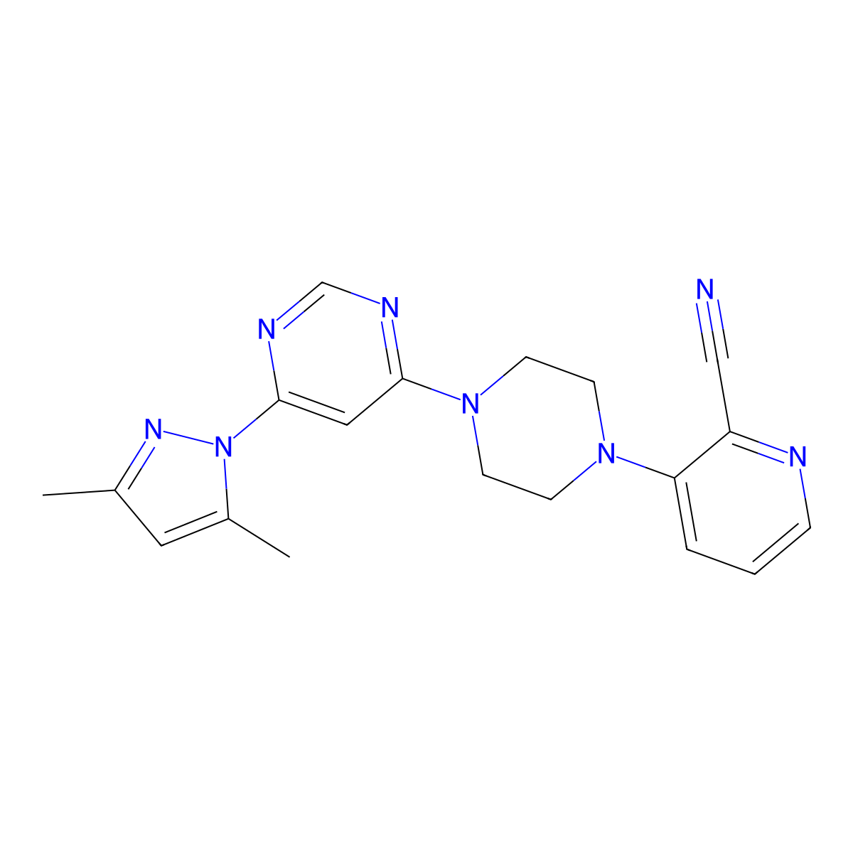 3-{4-[6-(3,5-dimethyl-1H-pyrazol-1-yl)pyrimidin-4-yl]piperazin-1-yl}pyridine-2-carbonitrile molecular structure, CAS 2640978-86-3