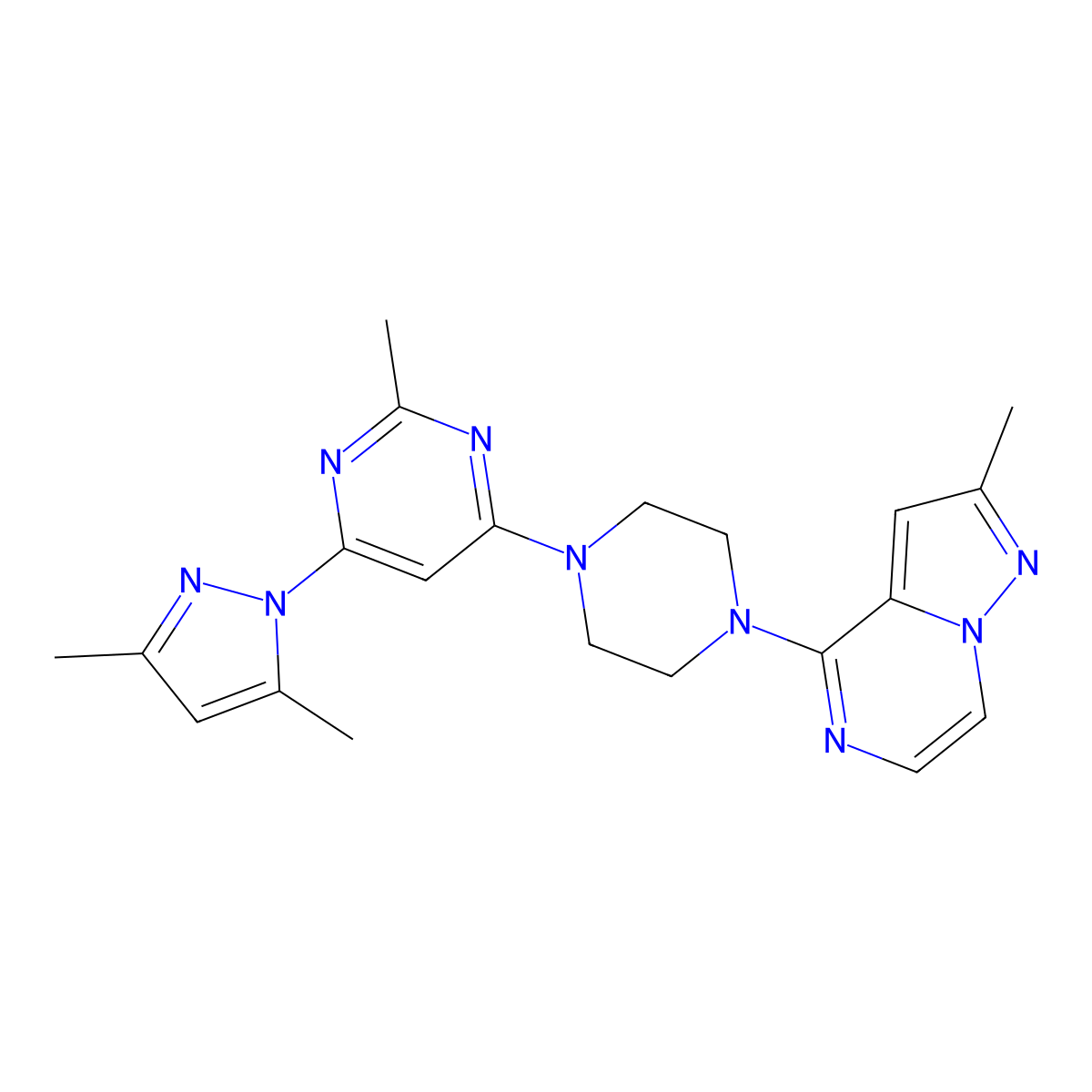 4-(3,5-dimethyl-1H-pyrazol-1-yl)-2-methyl-6-(4-{2-methylpyrazolo[1,5-a]pyrazin-4-yl}piperazin-1-yl)pyrimidine molecular structure, CAS 2640978-87-4