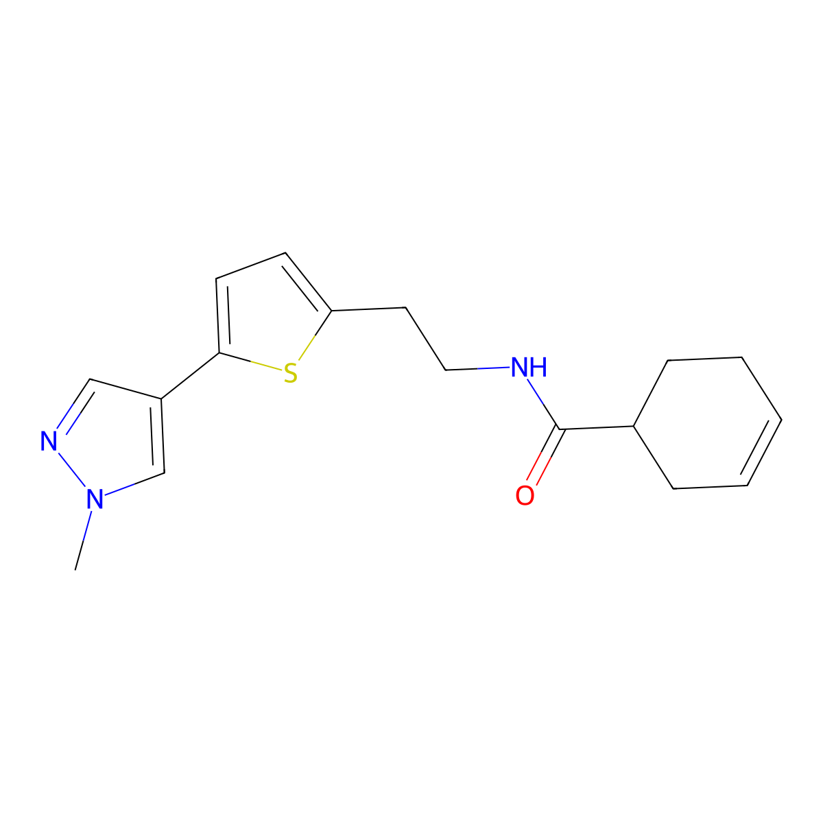 N-{2-[5-(1-methyl-1H-pyrazol-4-yl)thiophen-2-yl]ethyl}cyclohex-3-ene-1-carboxamide molecular structure, CAS 2640978-88-5
