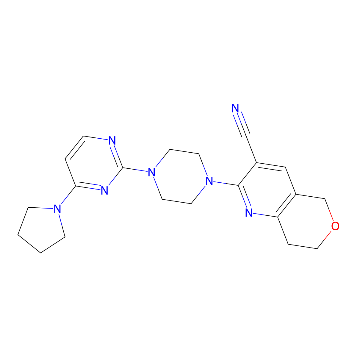 2-{4-[4-(pyrrolidin-1-yl)pyrimidin-2-yl]piperazin-1-yl}-5H,7H,8H-pyrano[4,3-b]pyridine-3-carbonitrile molecular structure, CAS 2640978-95-4