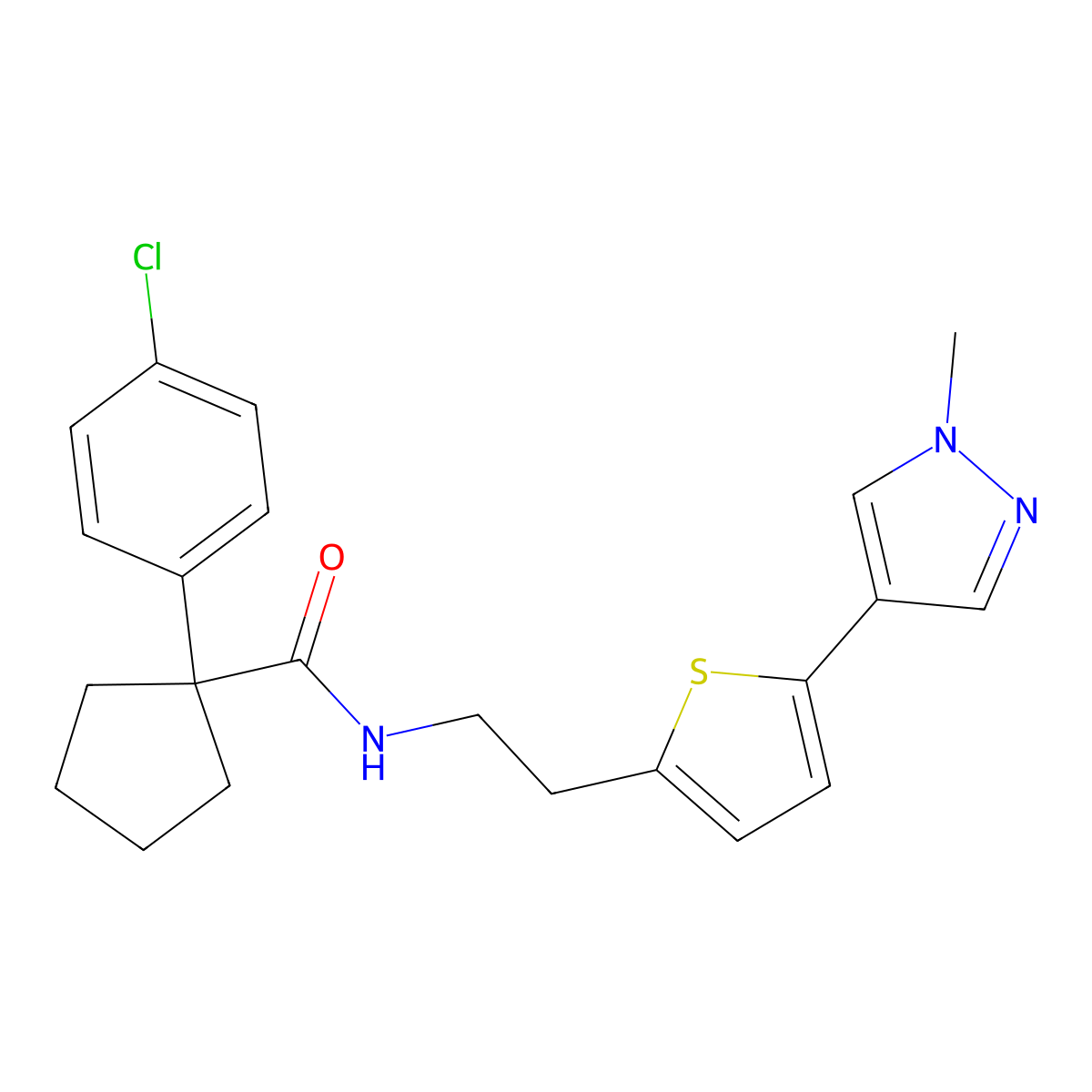 1-(4-chlorophenyl)-N-{2-[5-(1-methyl-1H-pyrazol-4-yl)thiophen-2-yl]ethyl}cyclopentane-1-carboxamide molecular structure, CAS 2640978-96-5
