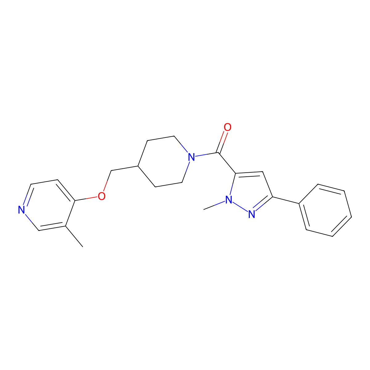 3-methyl-4-{[1-(1-methyl-3-phenyl-1H-pyrazole-5-carbonyl)piperidin-4-yl]methoxy}pyridine molecular structure, CAS 2640978-99-8