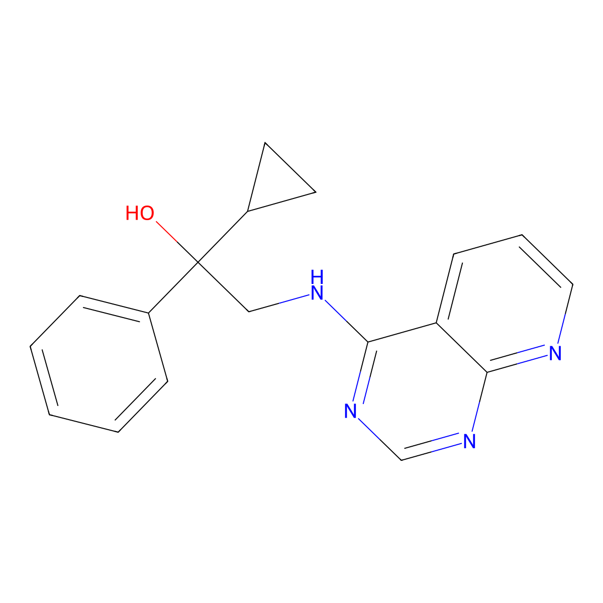 1-Cyclopropyl-1-phenyl-2-({pyrido[2,3-d]pyrimidin-4-yl}amino)ethan-1-ol molecular structure, CAS 2640979-01-5