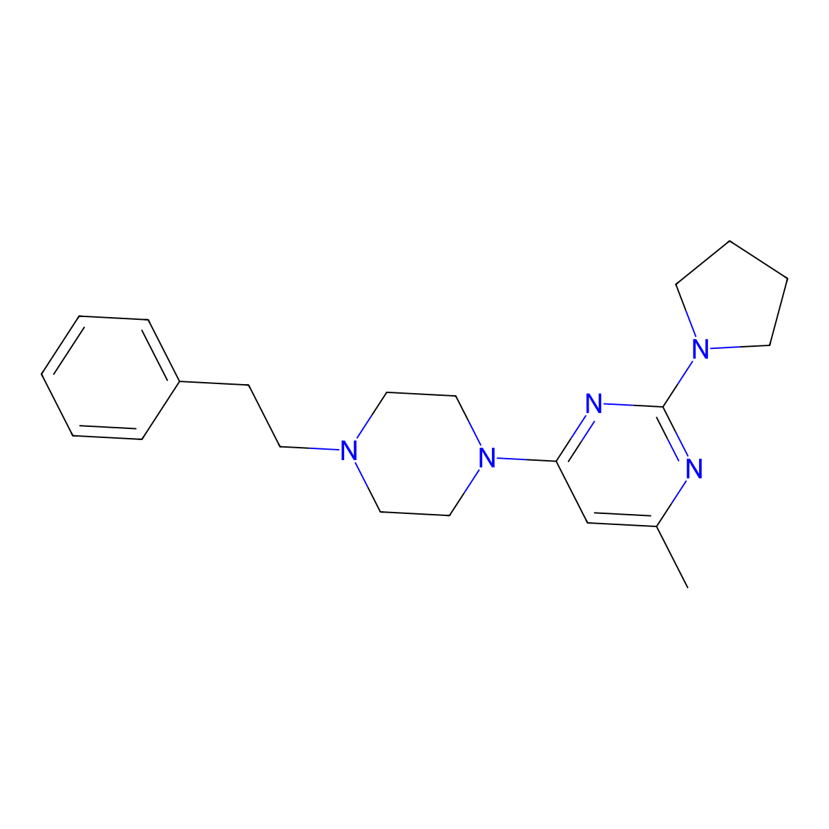 4-Methyl-6-[4-(2-phenylethyl)piperazin-1-yl]-2-(pyrrolidin-1-yl)pyrimidine molecular structure, CAS 2640979-04-8