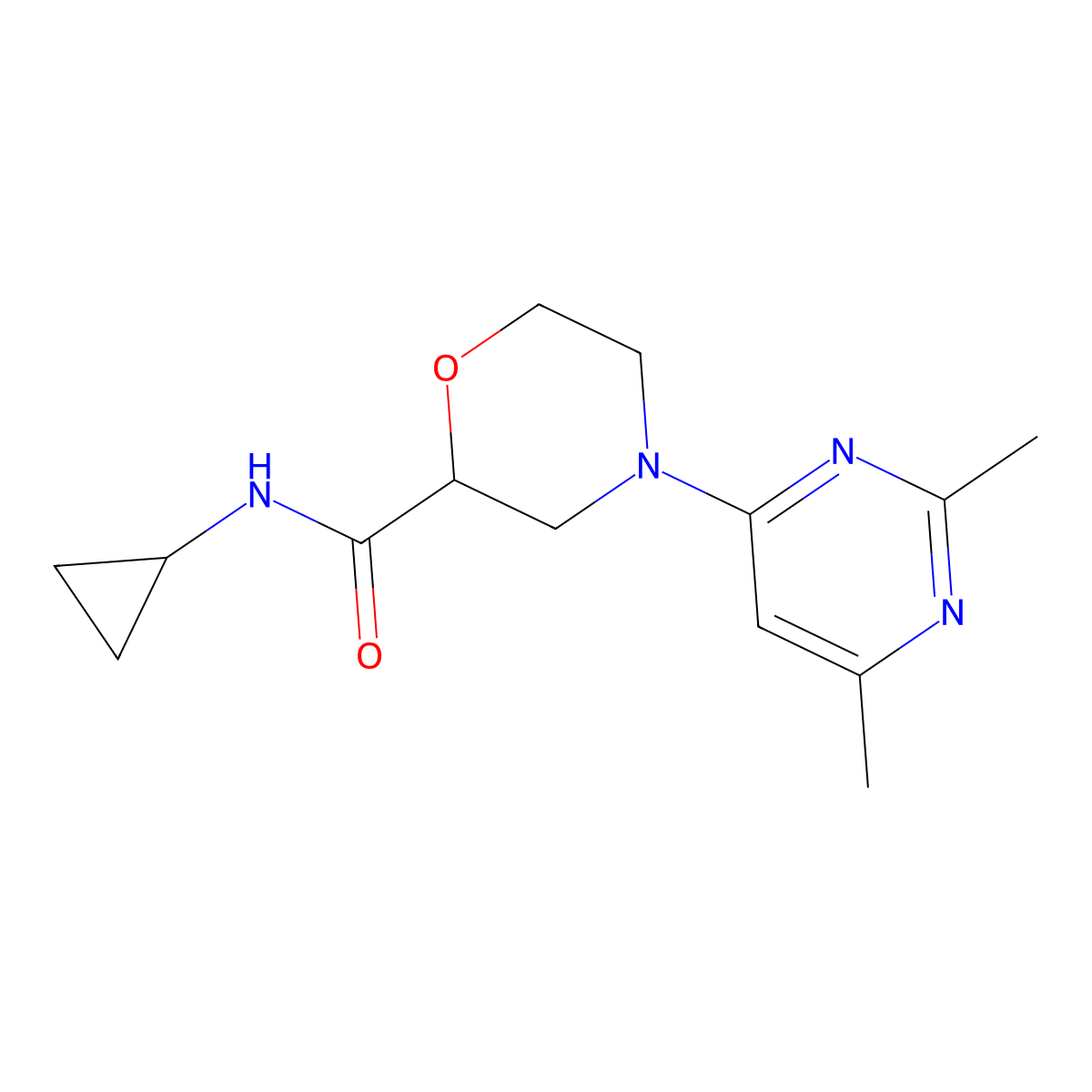 N-cyclopropyl-4-(2,6-dimethylpyrimidin-4-yl)morpholine-2-carboxamide molecular structure, CAS 2640979-06-0