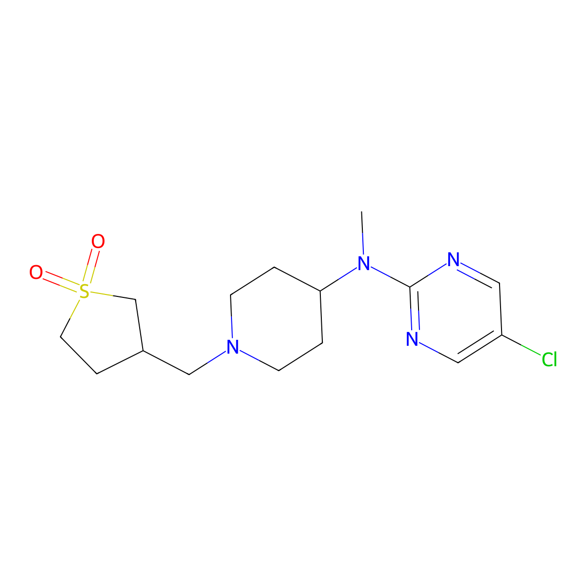 3-({4-[(5-Chloropyrimidin-2-yl)(methyl)amino]piperidin-1-yl}methyl)-1lambda6-thiolane-1,1-dione molecular structure, CAS 2640979-09-3