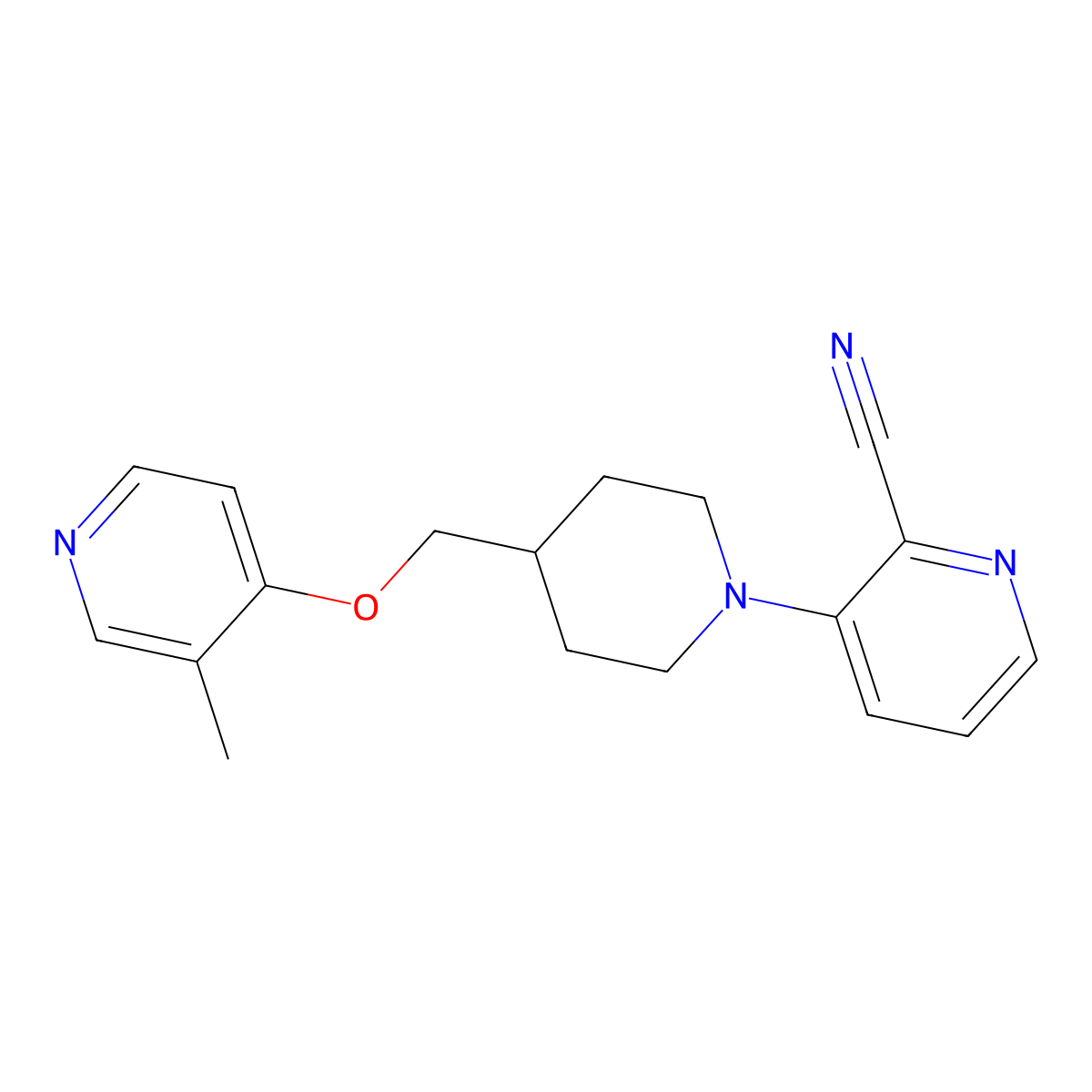 3-(4-{[(3-Methylpyridin-4-yl)oxy]methyl}piperidin-1-yl)pyridine-2-carbonitrile molecular structure, CAS 2640979-10-6