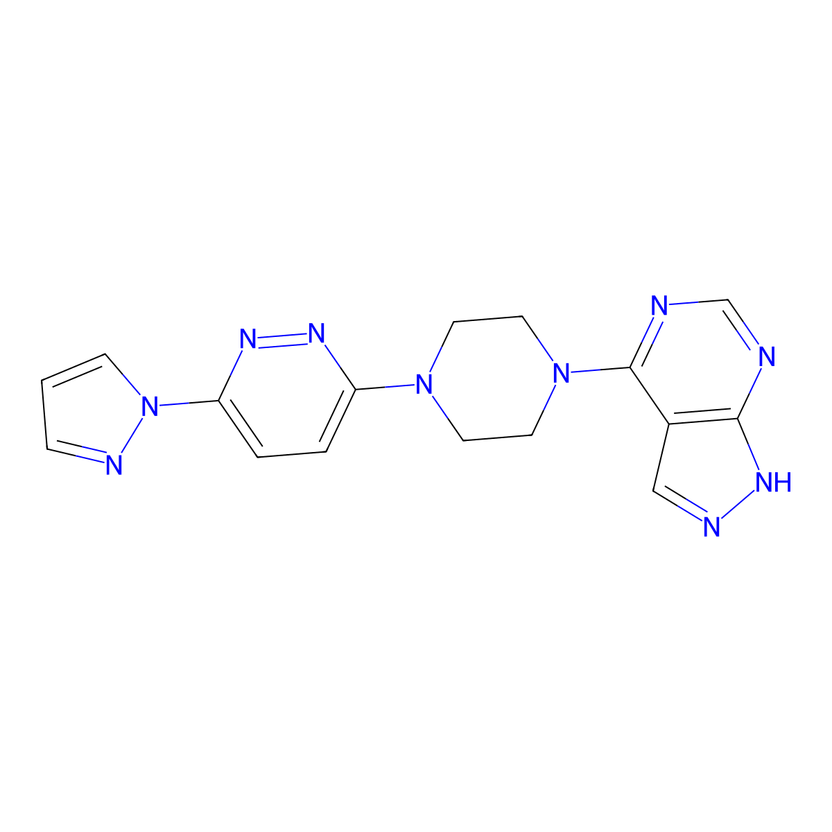 3-(1H-pyrazol-1-yl)-6-(4-{1H-pyrazolo[3,4-d]pyrimidin-4-yl}piperazin-1-yl)pyridazine molecular structure, CAS 2640979-12-8