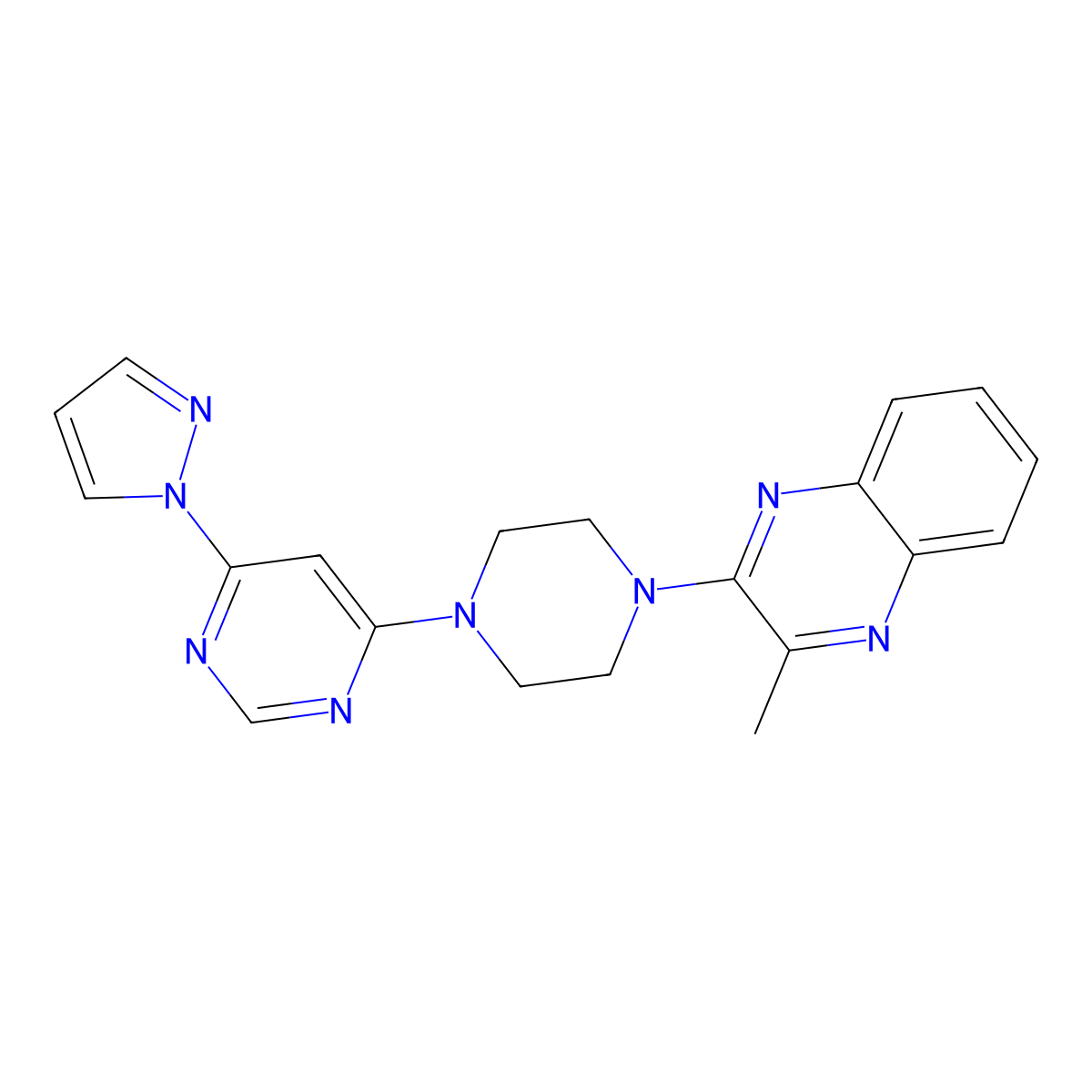 2-methyl-3-{4-[6-(1H-pyrazol-1-yl)pyrimidin-4-yl]piperazin-1-yl}quinoxaline molecular structure, CAS 2640979-14-0