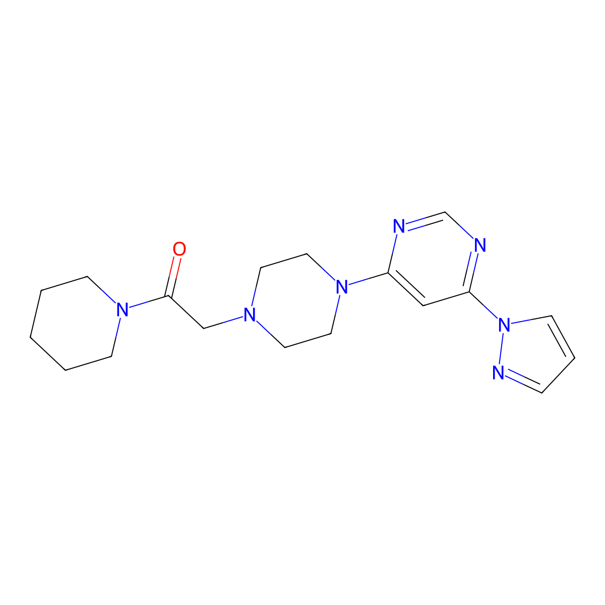 1-(piperidin-1-yl)-2-{4-[6-(1H-pyrazol-1-yl)pyrimidin-4-yl]piperazin-1-yl}ethan-1-one molecular structure, CAS 2640979-15-1