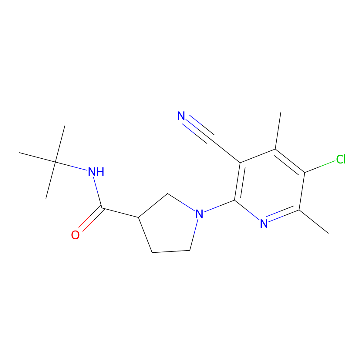 N-tert-butyl-1-(5-chloro-3-cyano-4,6-dimethylpyridin-2-yl)pyrrolidine-3-carboxamide molecular structure, CAS 2640979-22-0