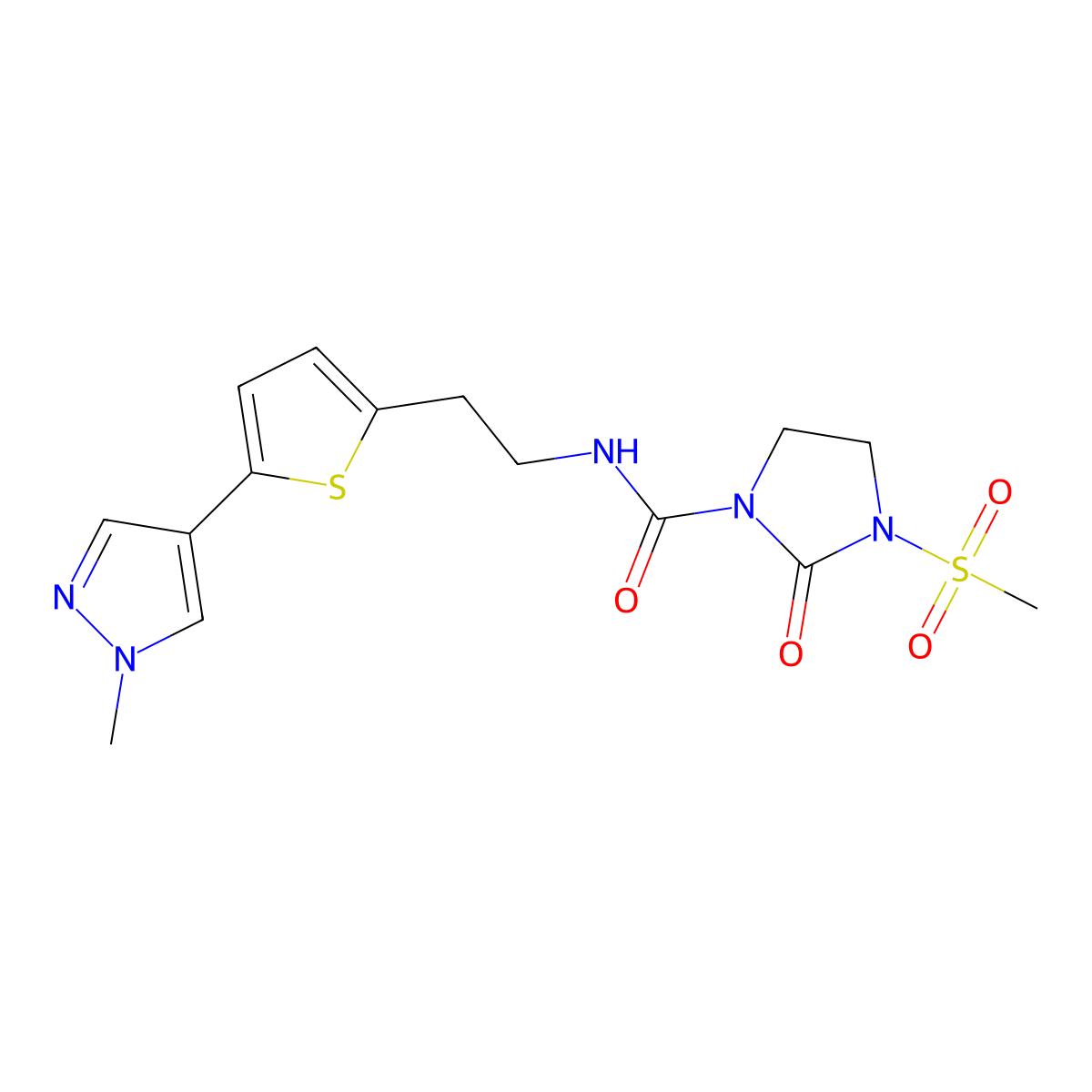 3-methanesulfonyl-N-{2-[5-(1-methyl-1H-pyrazol-4-yl)thiophen-2-yl]ethyl}-2-oxoimidazolidine-1-carboxamide molecular structure, CAS 2640979-27-5