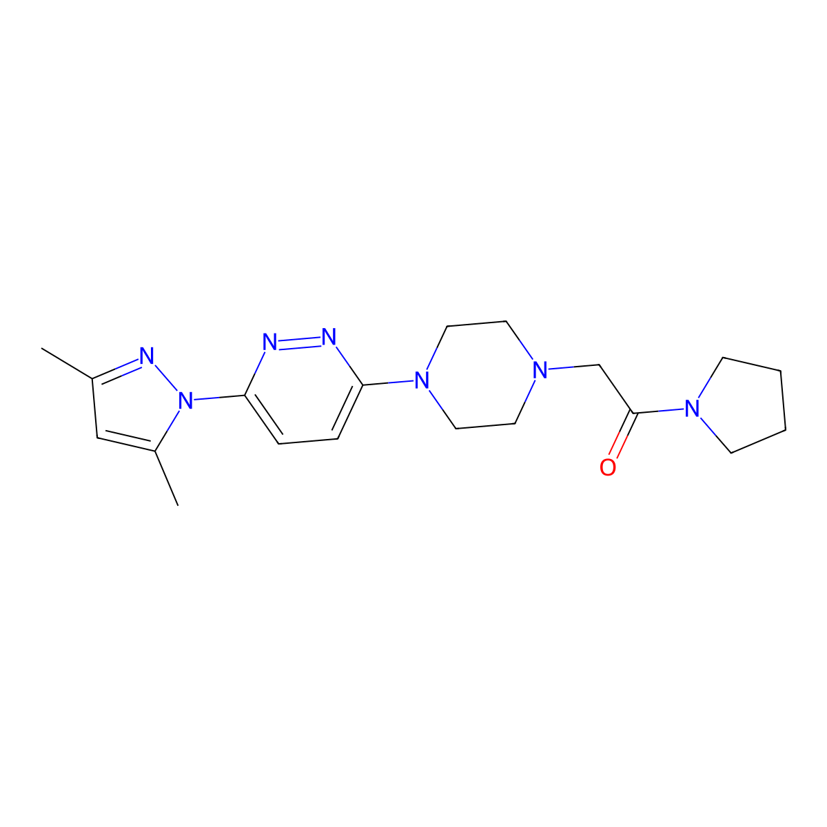 2-{4-[6-(3,5-dimethyl-1H-pyrazol-1-yl)pyridazin-3-yl]piperazin-1-yl}-1-(pyrrolidin-1-yl)ethan-1-one molecular structure, CAS 2640979-30-0