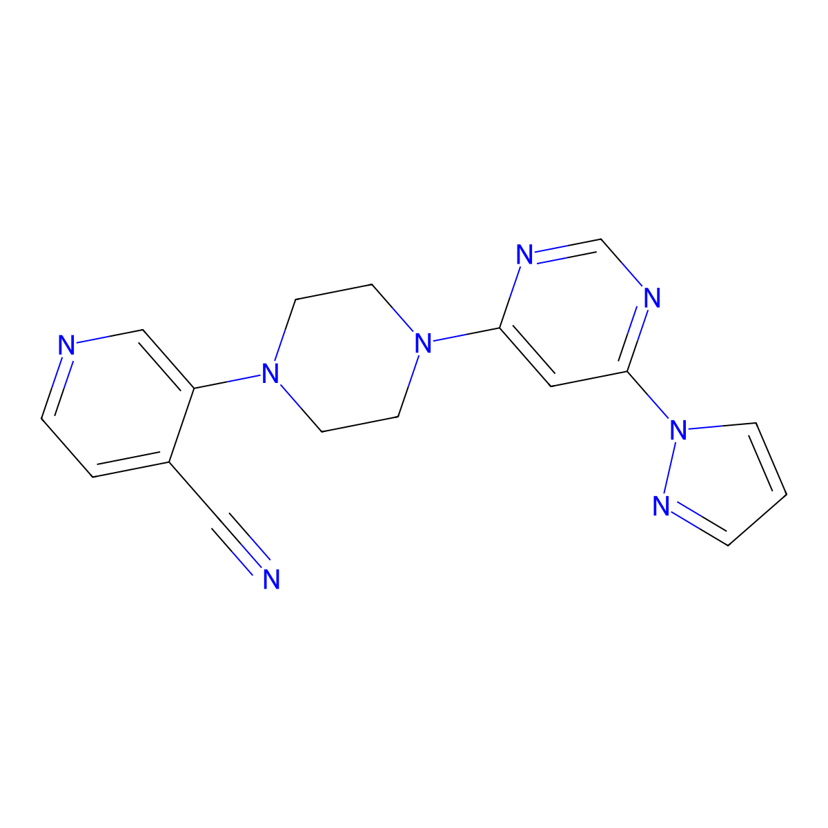 3-{4-[6-(1H-pyrazol-1-yl)pyrimidin-4-yl]piperazin-1-yl}pyridine-4-carbonitrile molecular structure, CAS 2640979-36-6