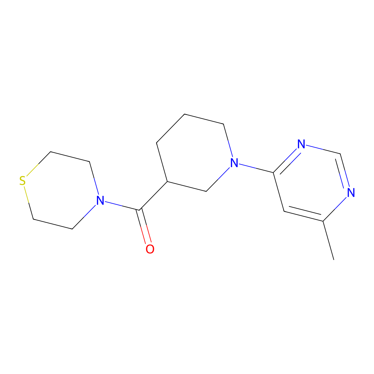 4-[1-(6-Methylpyrimidin-4-yl)piperidine-3-carbonyl]thiomorpholine molecular structure, CAS 2640979-37-7