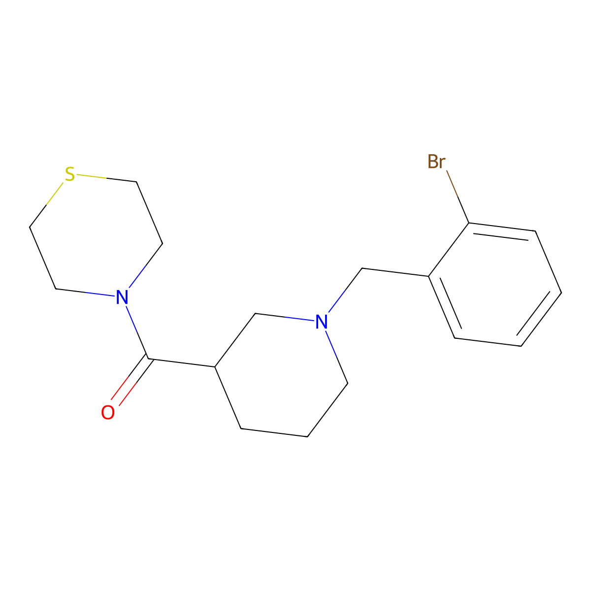 4-{1-[(2-Bromophenyl)methyl]piperidine-3-carbonyl}thiomorpholine molecular structure, CAS 2640979-43-5