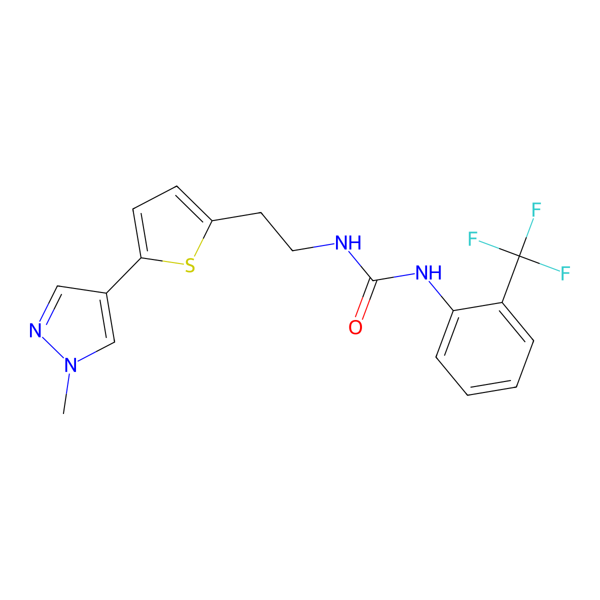 3-{2-[5-(1-methyl-1H-pyrazol-4-yl)thiophen-2-yl]ethyl}-1-[2-(trifluoromethyl)phenyl]urea molecular structure, CAS 2640979-46-8