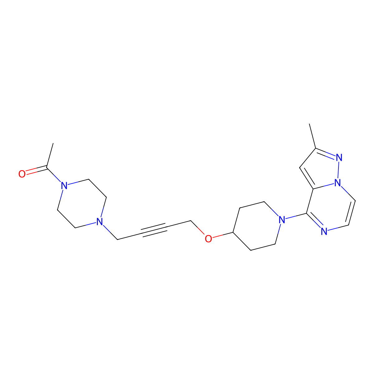 1-(4-{4-[(1-{2-Methylpyrazolo[1,5-a]pyrazin-4-yl}piperidin-4-yl)oxy]but-2-yn-1-yl}piperazin-1-yl)ethan-1-one molecular structure, CAS 2640979-70-8