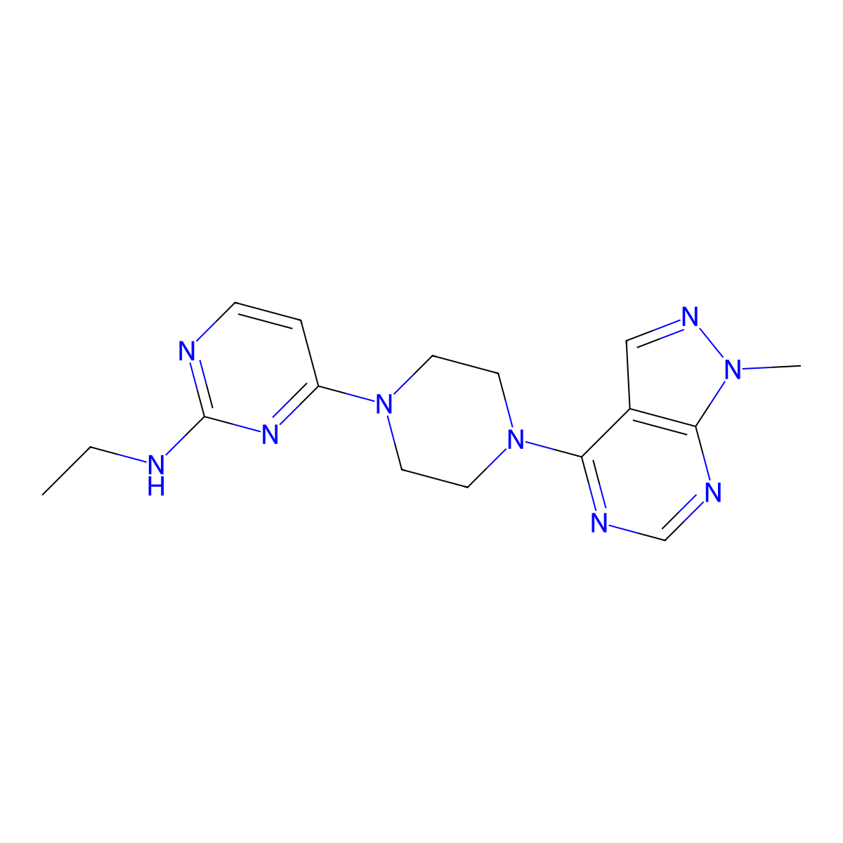 N-ethyl-4-(4-{1-methyl-1H-pyrazolo[3,4-d]pyrimidin-4-yl}piperazin-1-yl)pyrimidin-2-amine molecular structure, CAS 2640979-78-6