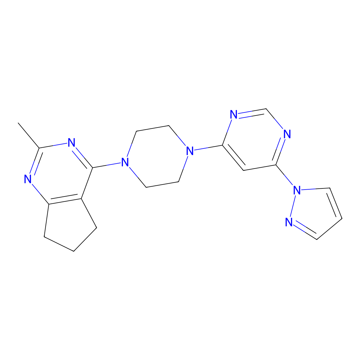 4-(4-{2-methyl-5H,6H,7H-cyclopenta[d]pyrimidin-4-yl}piperazin-1-yl)-6-(1H-pyrazol-1-yl)pyrimidine molecular structure, CAS 2640979-82-2