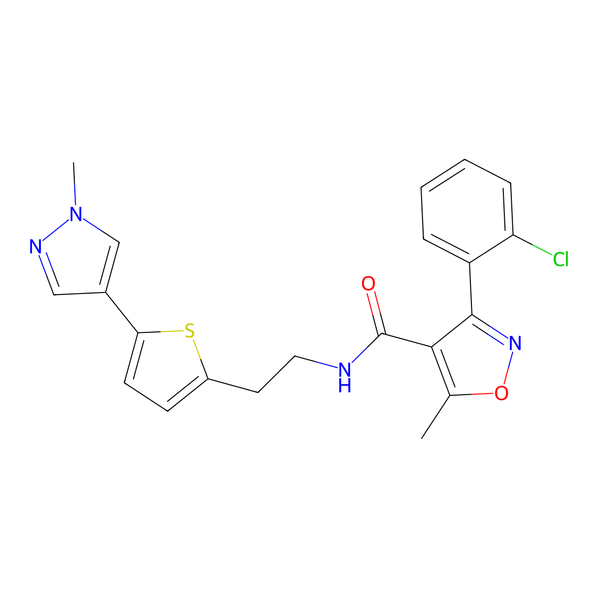 3-(2-chlorophenyl)-5-methyl-N-{2-[5-(1-methyl-1H-pyrazol-4-yl)thiophen-2-yl]ethyl}-1,2-oxazole-4-carboxamide molecular structure, CAS 2640979-85-5