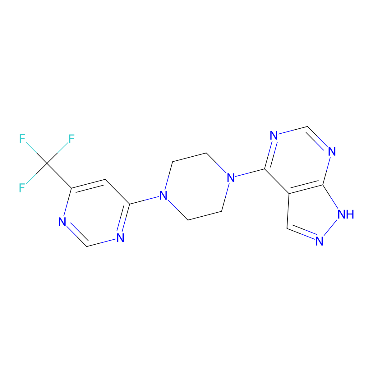 4-(4-{1H-pyrazolo[3,4-d]pyrimidin-4-yl}piperazin-1-yl)-6-(trifluoromethyl)pyrimidine molecular structure, CAS 2640979-89-9