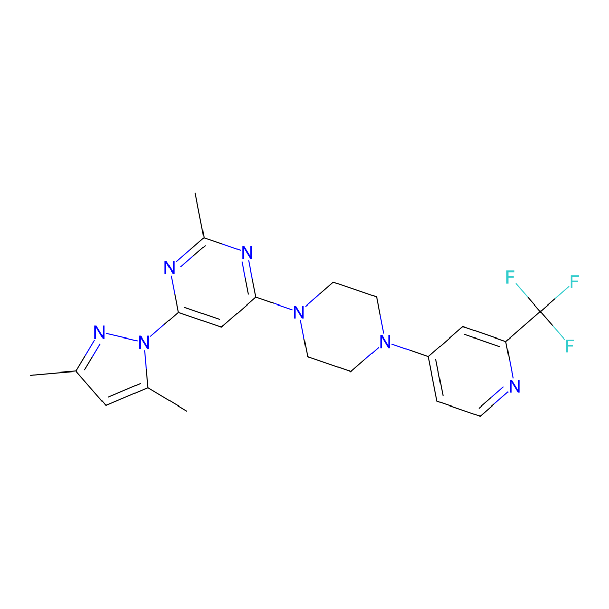4-(3,5-dimethyl-1H-pyrazol-1-yl)-2-methyl-6-{4-[2-(trifluoromethyl)pyridin-4-yl]piperazin-1-yl}pyrimidine molecular structure, CAS 2640979-94-6