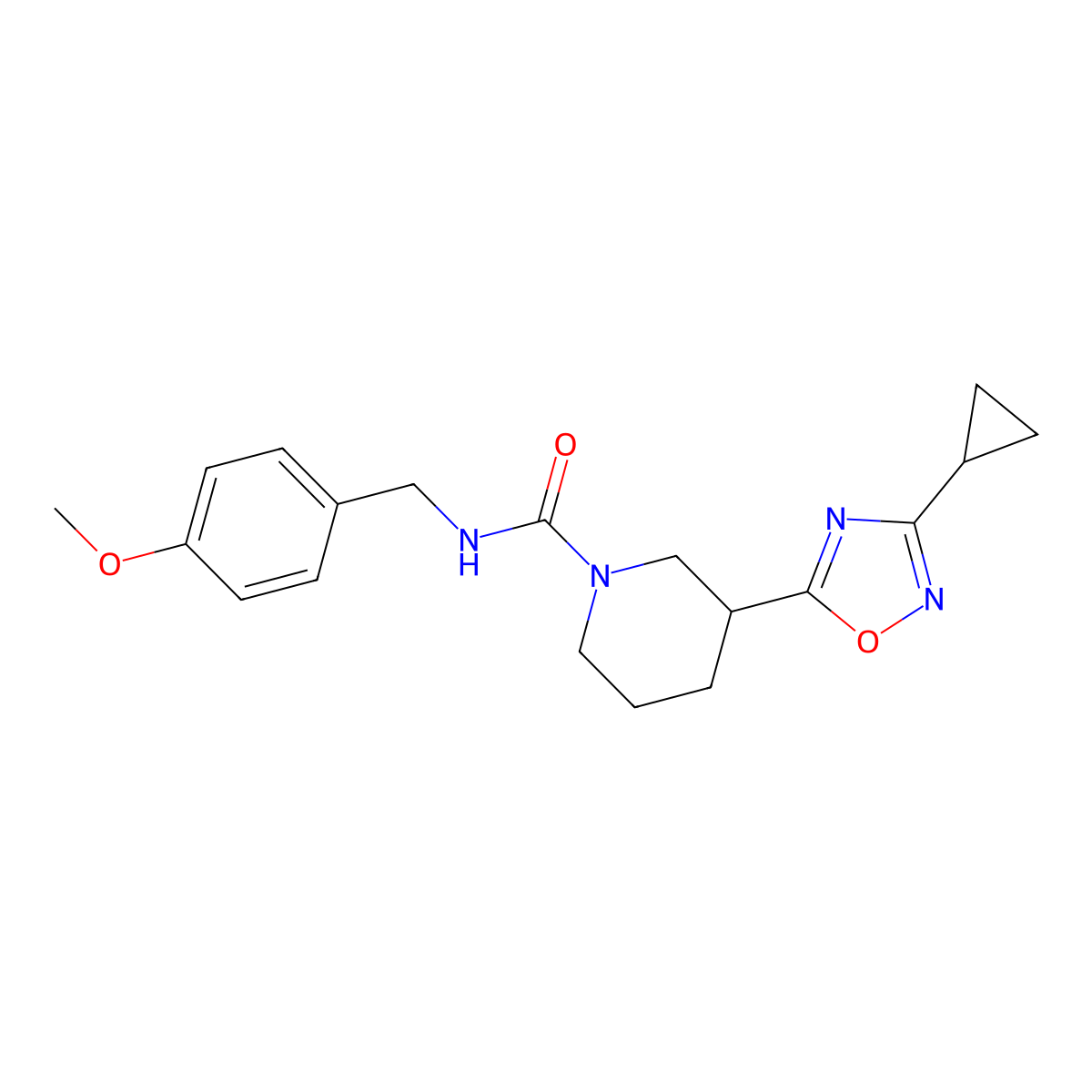 3-(3-cyclopropyl-1,2,4-oxadiazol-5-yl)-N-[(4-methoxyphenyl)methyl]piperidine-1-carboxamide molecular structure, CAS 2640979-96-8