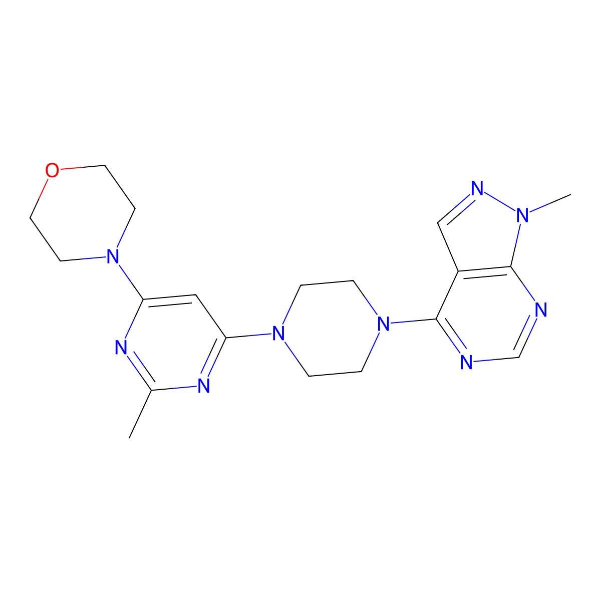 4-[2-methyl-6-(4-{1-methyl-1H-pyrazolo[3,4-d]pyrimidin-4-yl}piperazin-1-yl)pyrimidin-4-yl]morpholine molecular structure, CAS 2640979-98-0
