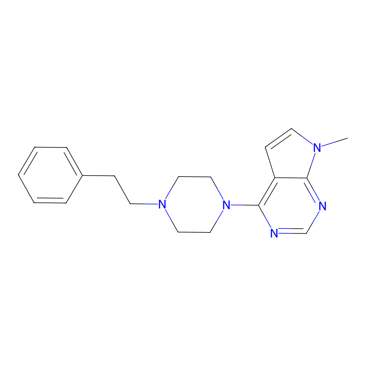 1-{7-methyl-7H-pyrrolo[2,3-d]pyrimidin-4-yl}-4-(2-phenylethyl)piperazine molecular structure, CAS 2640980-01-2