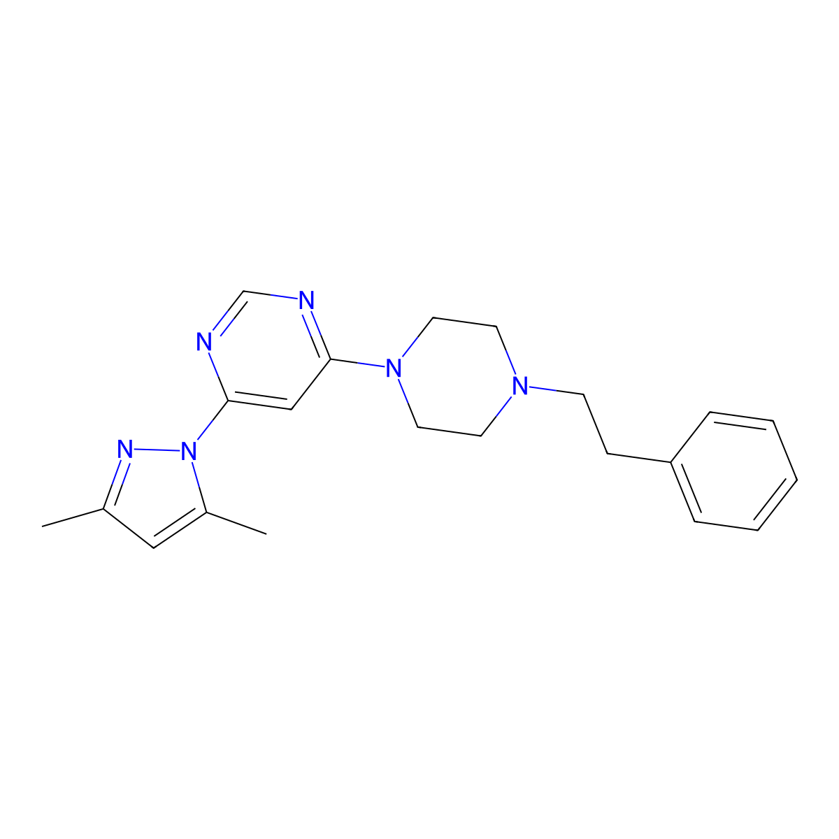 4-(3,5-dimethyl-1H-pyrazol-1-yl)-6-[4-(2-phenylethyl)piperazin-1-yl]pyrimidine molecular structure, CAS 2640980-11-4