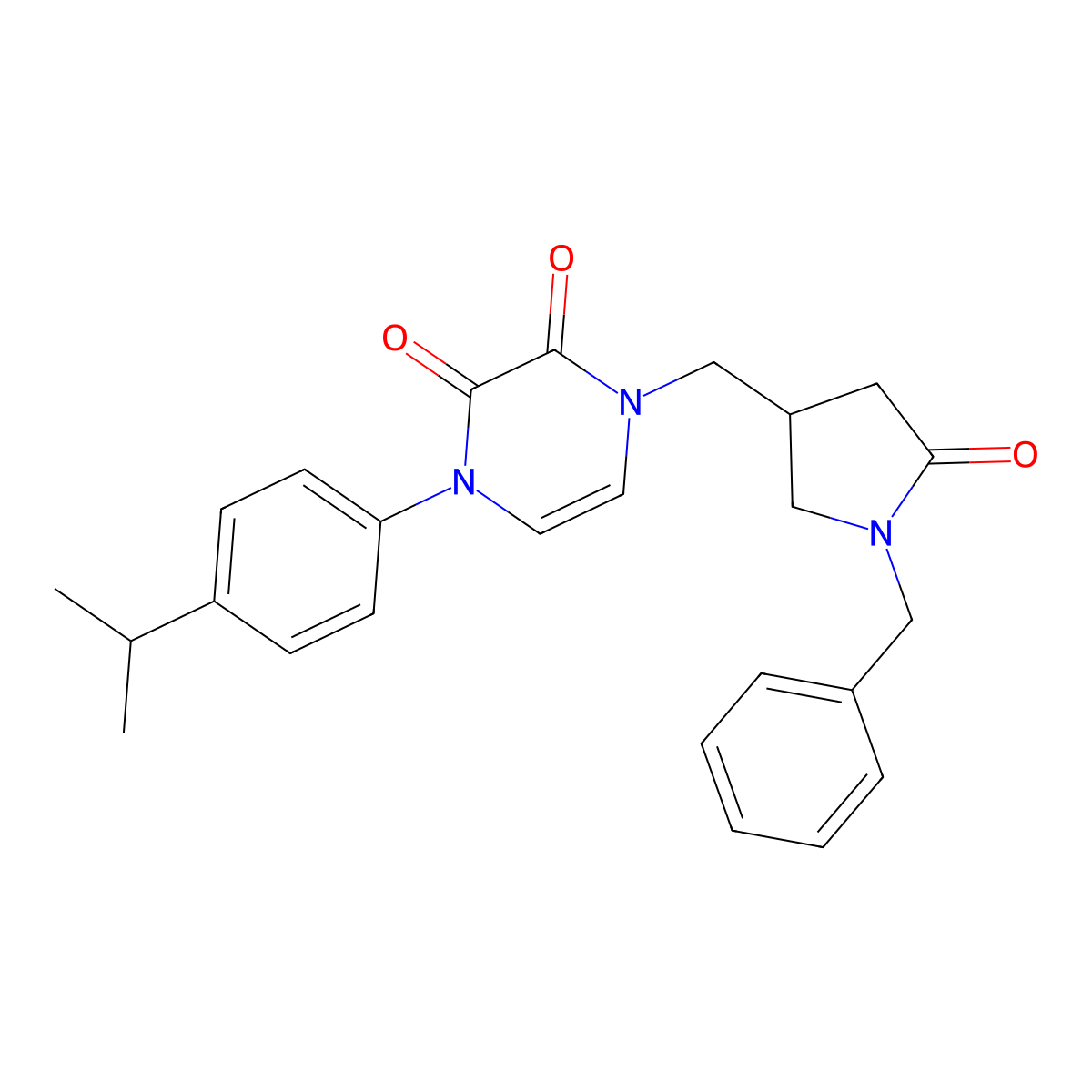 1-[(1-Benzyl-5-oxopyrrolidin-3-yl)methyl]-4-[4-(propan-2-yl)phenyl]-1,2,3,4-tetrahydropyrazine-2,3-dione molecular structure, CAS 2640980-12-5