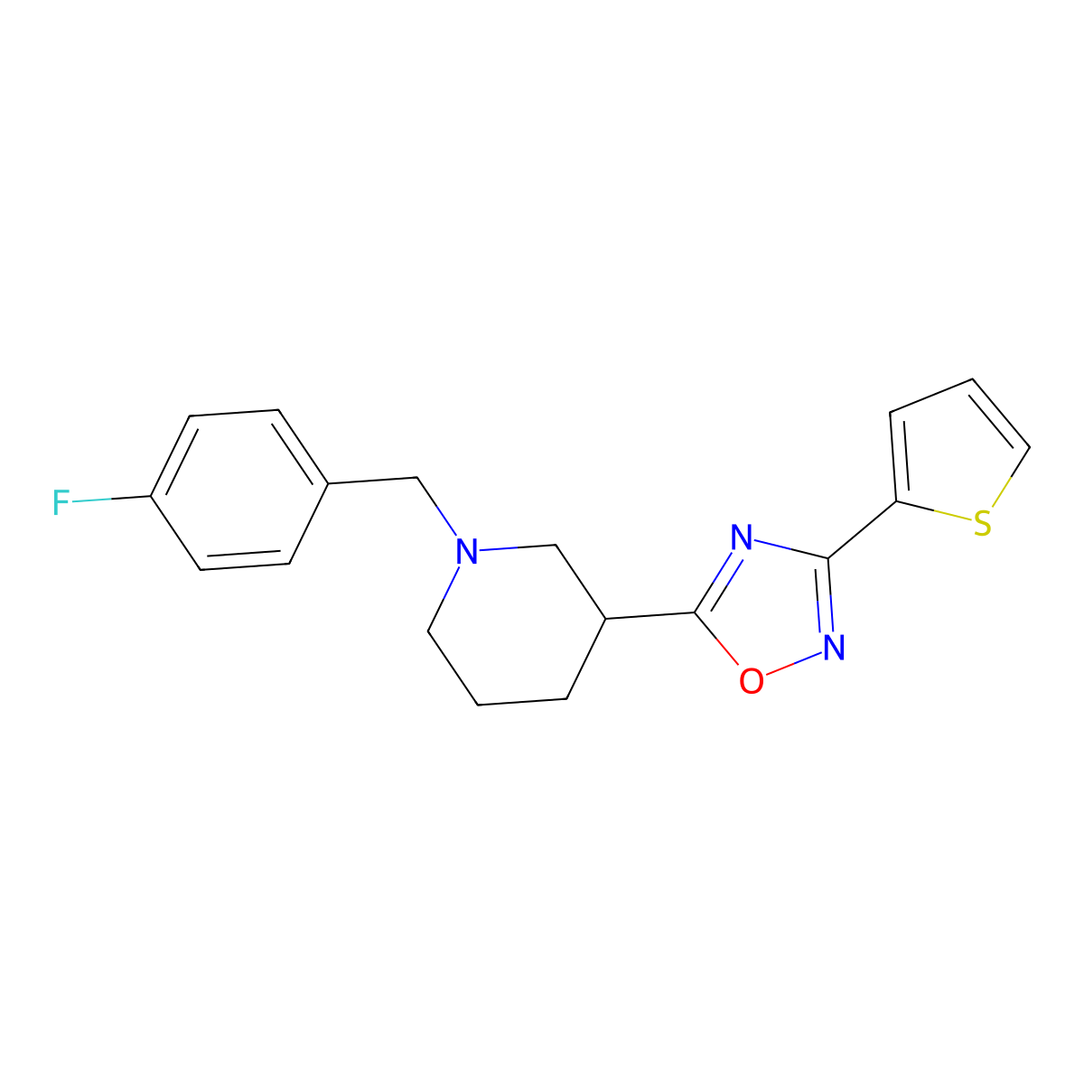 1-[(4-Fluorophenyl)methyl]-3-[3-(thiophen-2-yl)-1,2,4-oxadiazol-5-yl]piperidine molecular structure, CAS 2640980-13-6