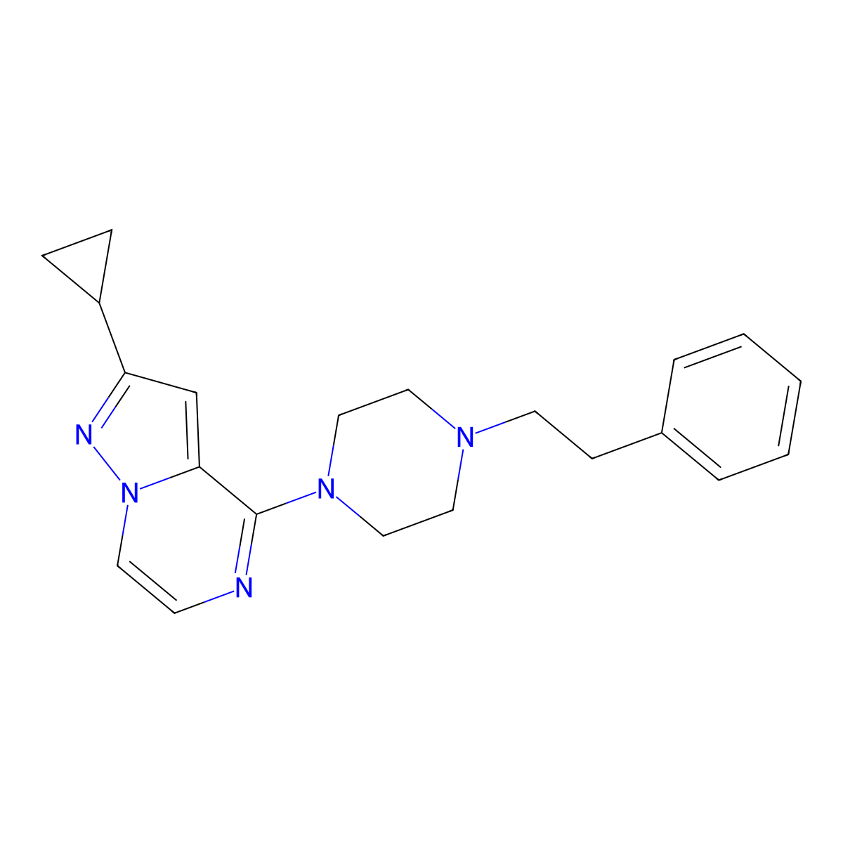 1-{2-Cyclopropylpyrazolo[1,5-a]pyrazin-4-yl}-4-(2-phenylethyl)piperazine molecular structure, CAS 2640980-15-8