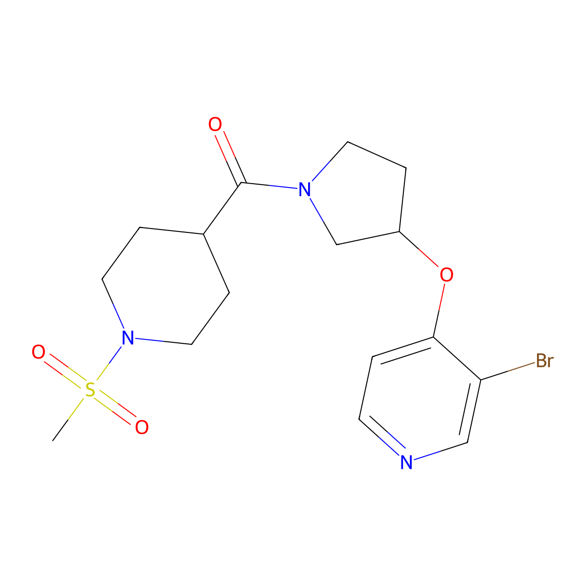 3-Bromo-4-{[1-(1-methanesulfonylpiperidine-4-carbonyl)pyrrolidin-3-yl]oxy}pyridine molecular structure, CAS 2640980-16-9