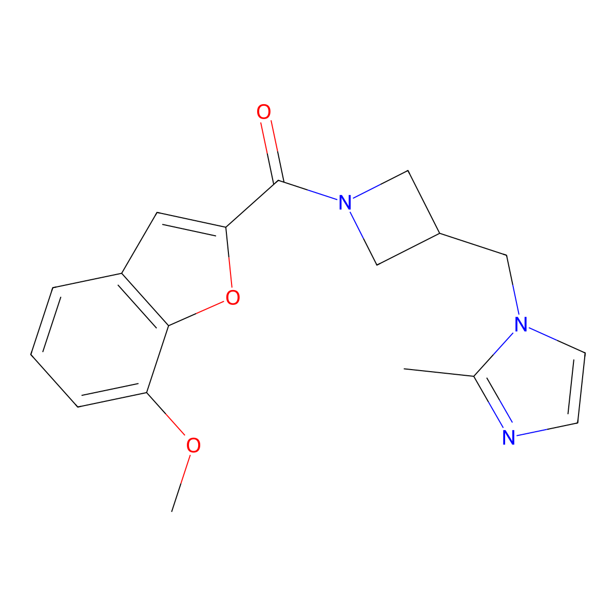 1-{[1-(7-methoxy-1-benzofuran-2-carbonyl)azetidin-3-yl]methyl}-2-methyl-1H-imidazole molecular structure, CAS 2640980-17-0
