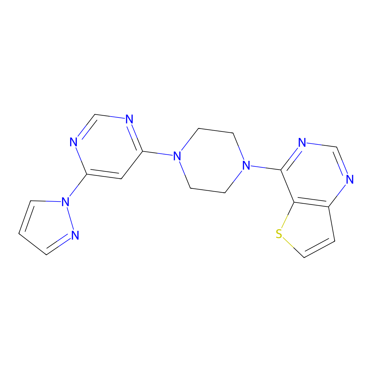 4-(1H-pyrazol-1-yl)-6-(4-{thieno[3,2-d]pyrimidin-4-yl}piperazin-1-yl)pyrimidine molecular structure, CAS 2640980-20-5