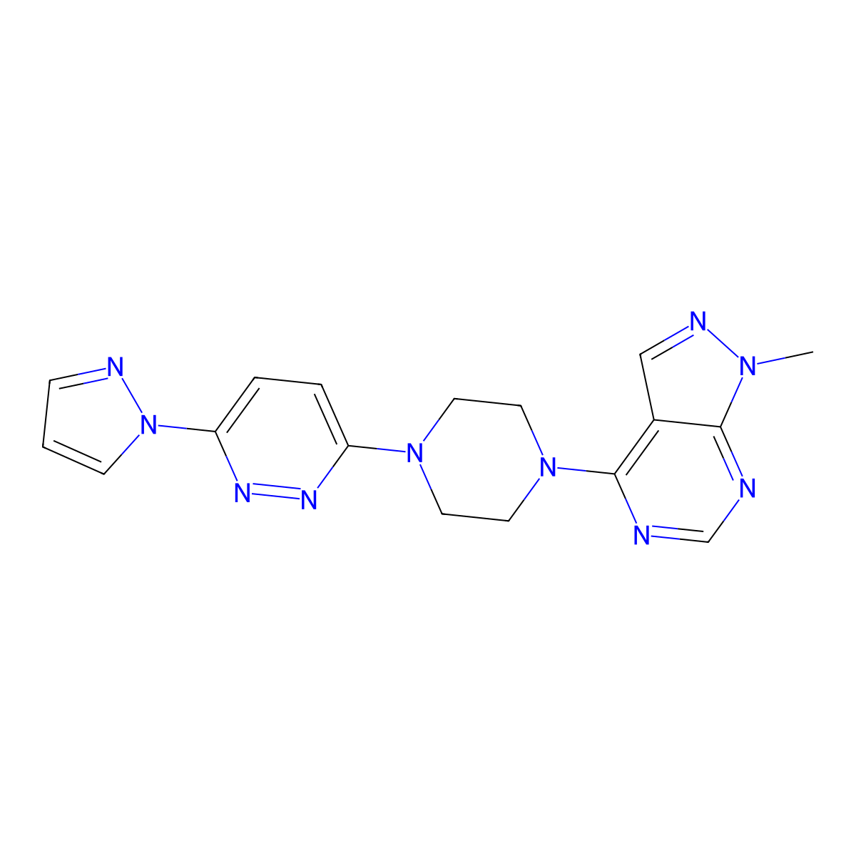 3-(4-{1-methyl-1H-pyrazolo[3,4-d]pyrimidin-4-yl}piperazin-1-yl)-6-(1H-pyrazol-1-yl)pyridazine molecular structure, CAS 2640980-21-6