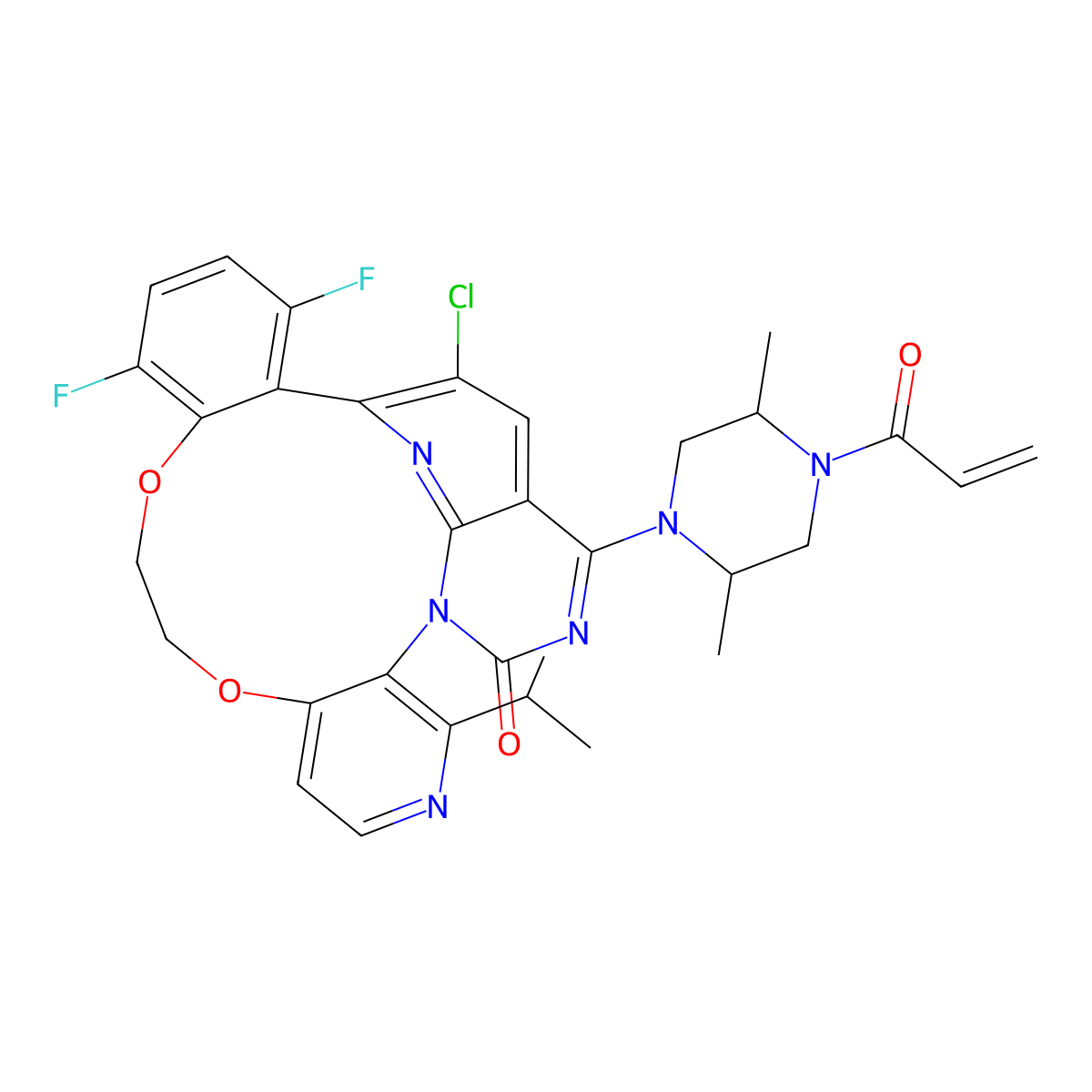 (5S,17aR)-20-Chloro-2-[(2S,5R)-2,5-dimethyl-4-(1-oxo-2-propen-1-yl)-1-piperazinyl]-14,17-difluoro-11,12-dihydro-6-(1-methylethyl)-1,18-etheno-4H-pyrido[4,3-e]pyrimido[1,6-g][1,4,7,9]benzodioxadiazacyclododecin-4-one molecular structure, CAS 2641216-67-1
