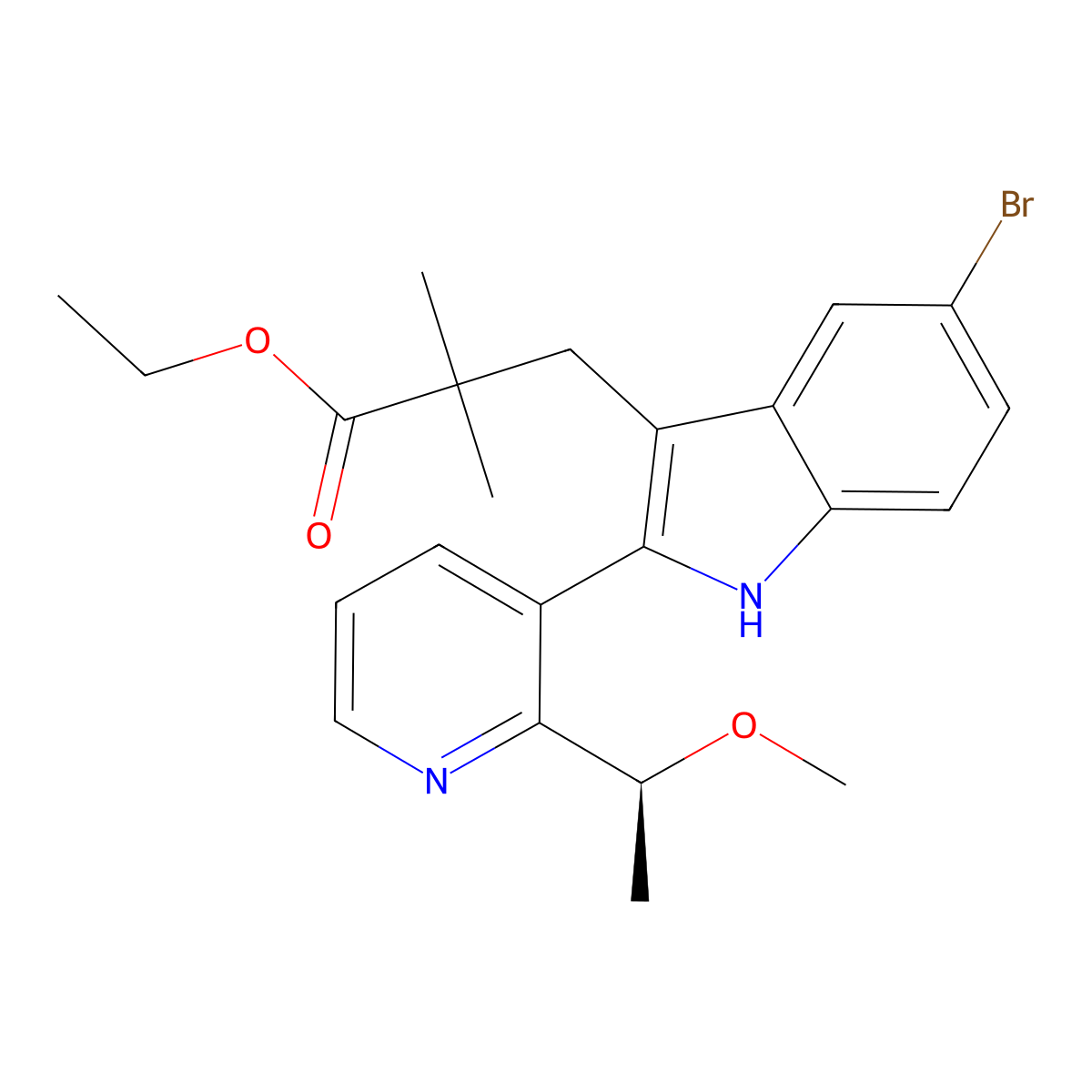 Ethyl (S)-3-(5-bromo-2-(2-(1-methoxyethyl)pyridin-3-YL)-1H-indol-3-YL)-2,2-dimethylpropanoate molecular structure, CAS 2641451-50-3