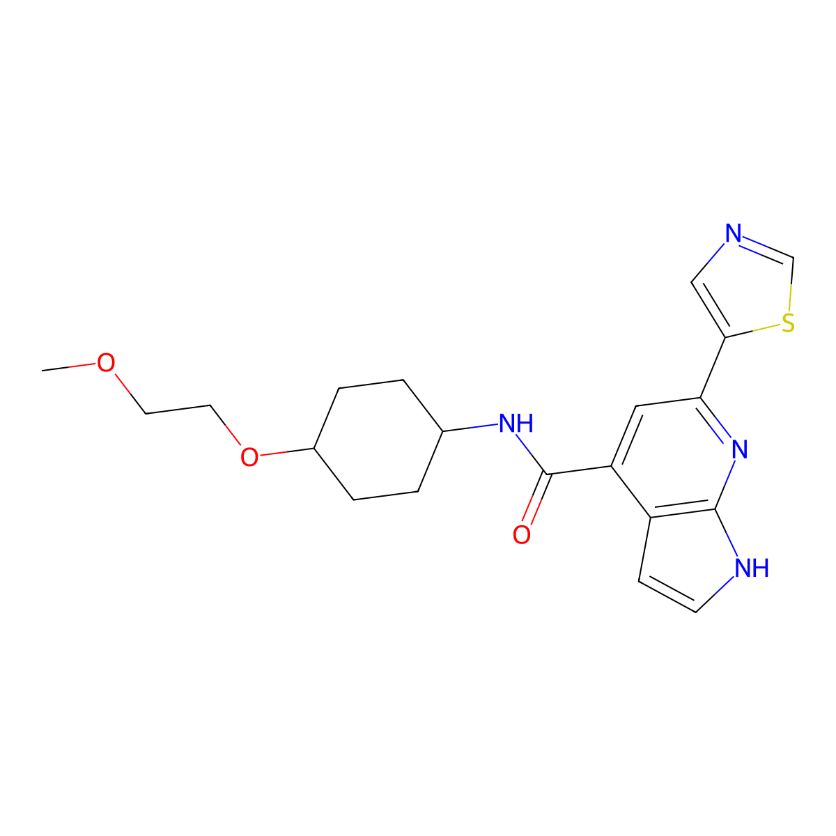 N-(trans-4-(2-Methoxyethoxy)cyclohexyl)-6-(thiazol-5-yl)-1H-pyrrolo[2,3-b]pyridine-4-carboxamide molecular structure, CAS 2641484-61-7