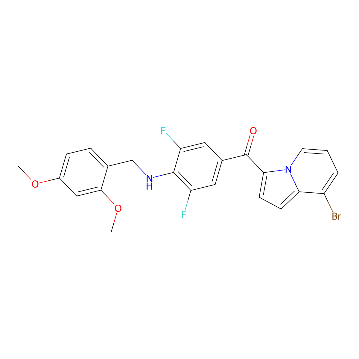 (8-Bromoindolizin-3-yl)(4-((2,4-dimethoxybenzyl)amino)-3,5-difluorophenyl)methanone molecular structure, CAS 2641795-80-2