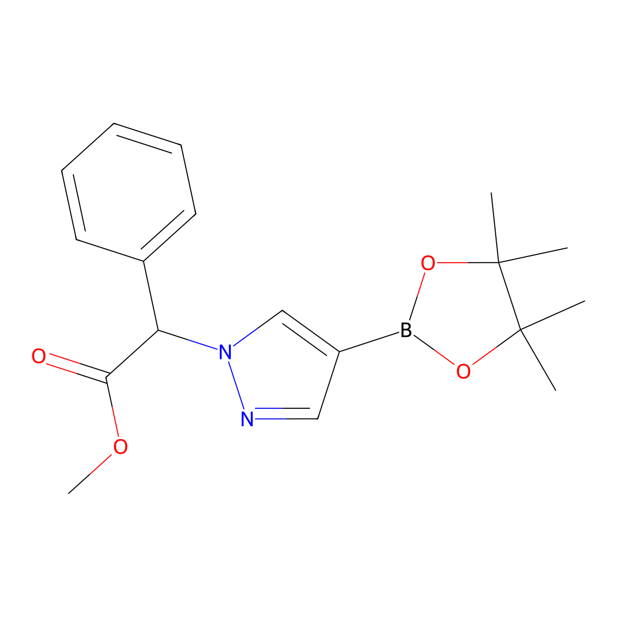 Phenyl-[4-(4,4,5,5-tetramethyl-[1,3,2]dioxaborolan-2-yl)-pyrazol-1-yl]-acetic acid methyl ester molecular structure, CAS 2641804-57-9