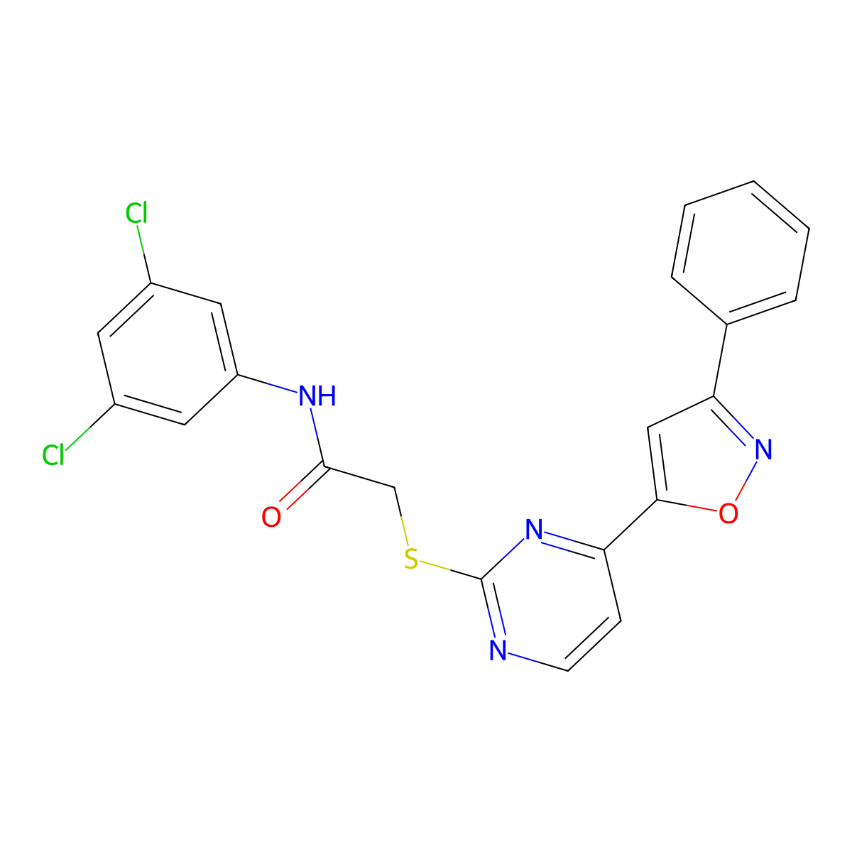 N-(3,5-dichlorophenyl)-2-[4-(3-phenyl-1,2-oxazol-5-yl)pyrimidin-2-yl]sulfanylacetamide molecular structure, CAS 264187-78-2