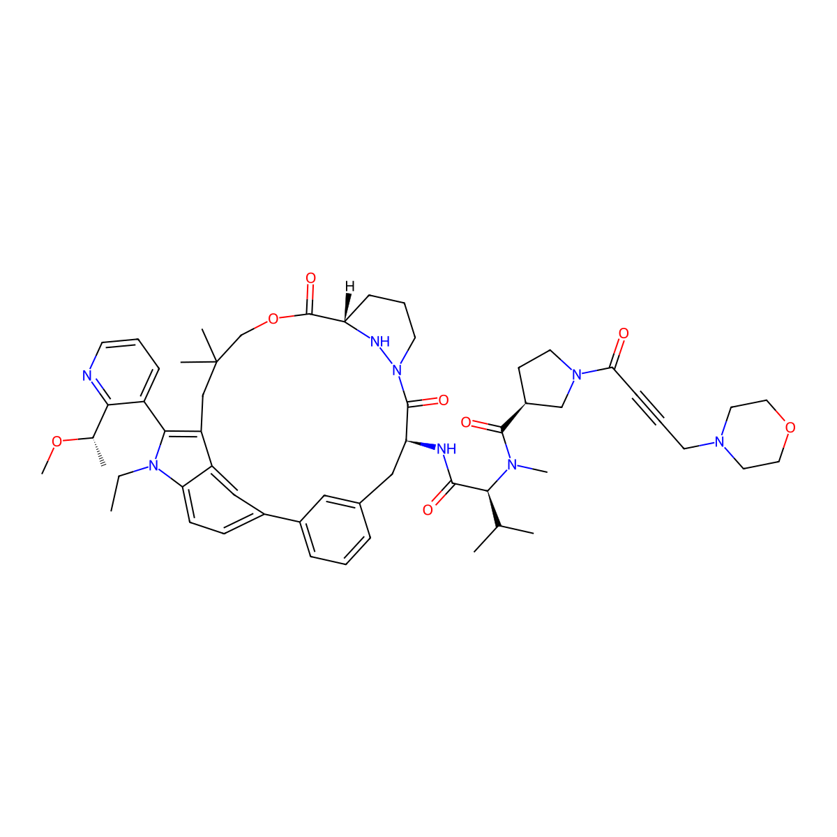 (3S)-N-[(2S)-1-[[(8S,14S)-22-ethyl-21-[2-[(1S)-1-methoxyethyl]-3-pyridinyl]-18,18-dimethyl-9,15-dioxo-16-oxa-10,22,28-triazapentacyclo[18.5.2.12,6.110,14.023,27]nonacosa-1(26),2,4,6(29),20,23(27),24-heptaen-8-yl]amino]-3-methyl-1-oxobutan-2-yl]-N-methyl-1-(4-morpholin-4-ylbut-2-ynoyl)pyrrolidine-3-carboxamide molecular structure, CAS 2641993-55-5