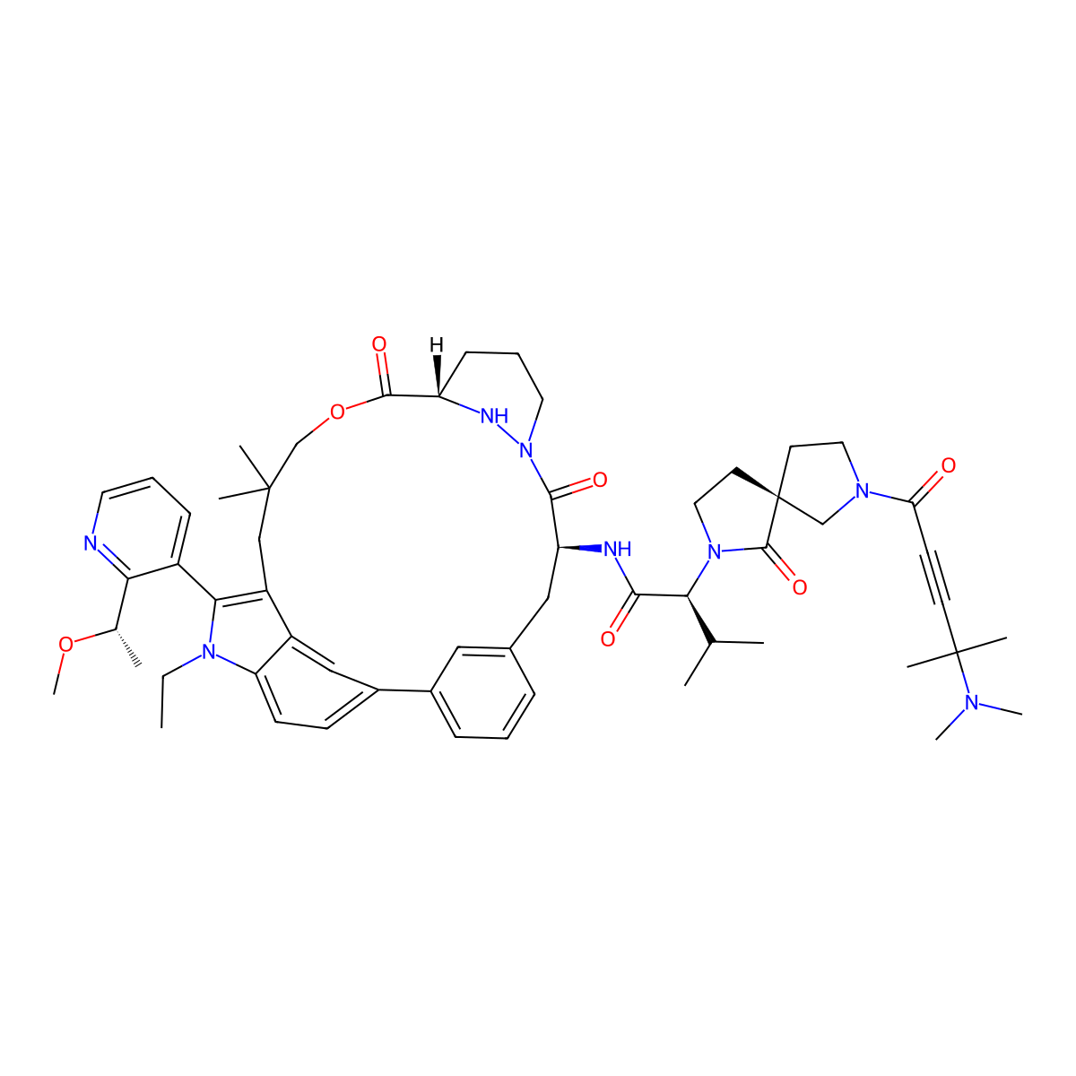 (2S)-2-[(5S)-7-[4-(dimethylamino)-4-methylpent-2-ynoyl]-1-oxo-2,7-diazaspiro[4.4]nonan-2-yl]-N-[(8S,14S)-22-ethyl-21-[2-[(1S)-1-methoxyethyl]-3-pyridinyl]-18,18-dimethyl-9,15-dioxo-16-oxa-10,22,28-triazapentacyclo[18.5.2.12,6.110,14.023,27]nonacosa-1(26),2,4,6(29),20,23(27),24-heptaen-8-yl]-3-methylbutanamide molecular structure, CAS 2642037-07-6