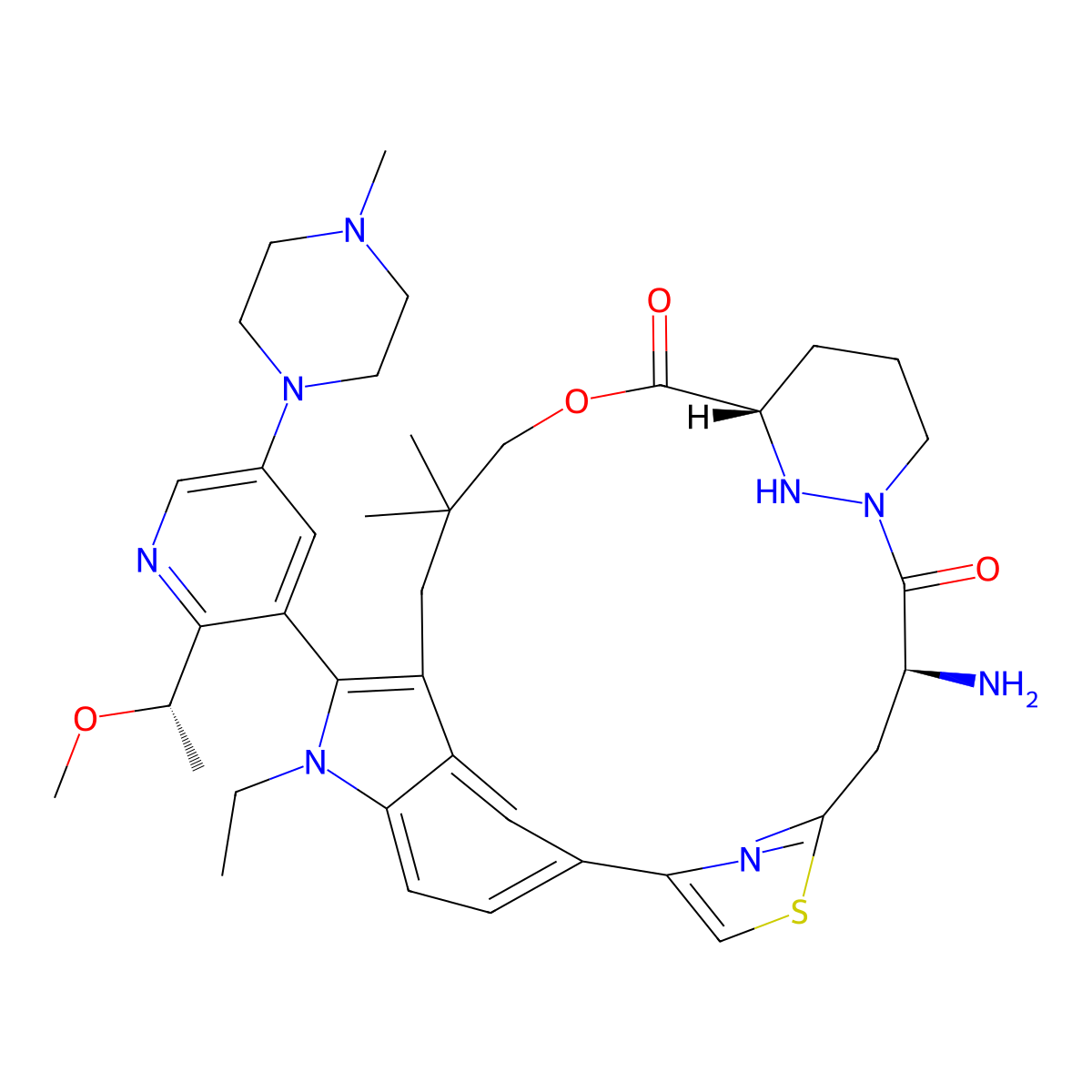 (63S,4S,Z)-4-Amino-11-ethyl-12-(2-((S)-1-methoxyethyl)-5-(4-methylpiperazin-1-yl)pyridin-3-yl)-10,10-dimethyl-61,62,63,64,65,66-hexahydro-11H-8-oxa-2(4,2)-thiazola-1(5,3)-indola-6(1,3)-pyridazinacycloundecaphane-5,7-dione molecular structure, CAS 2642044-83-3