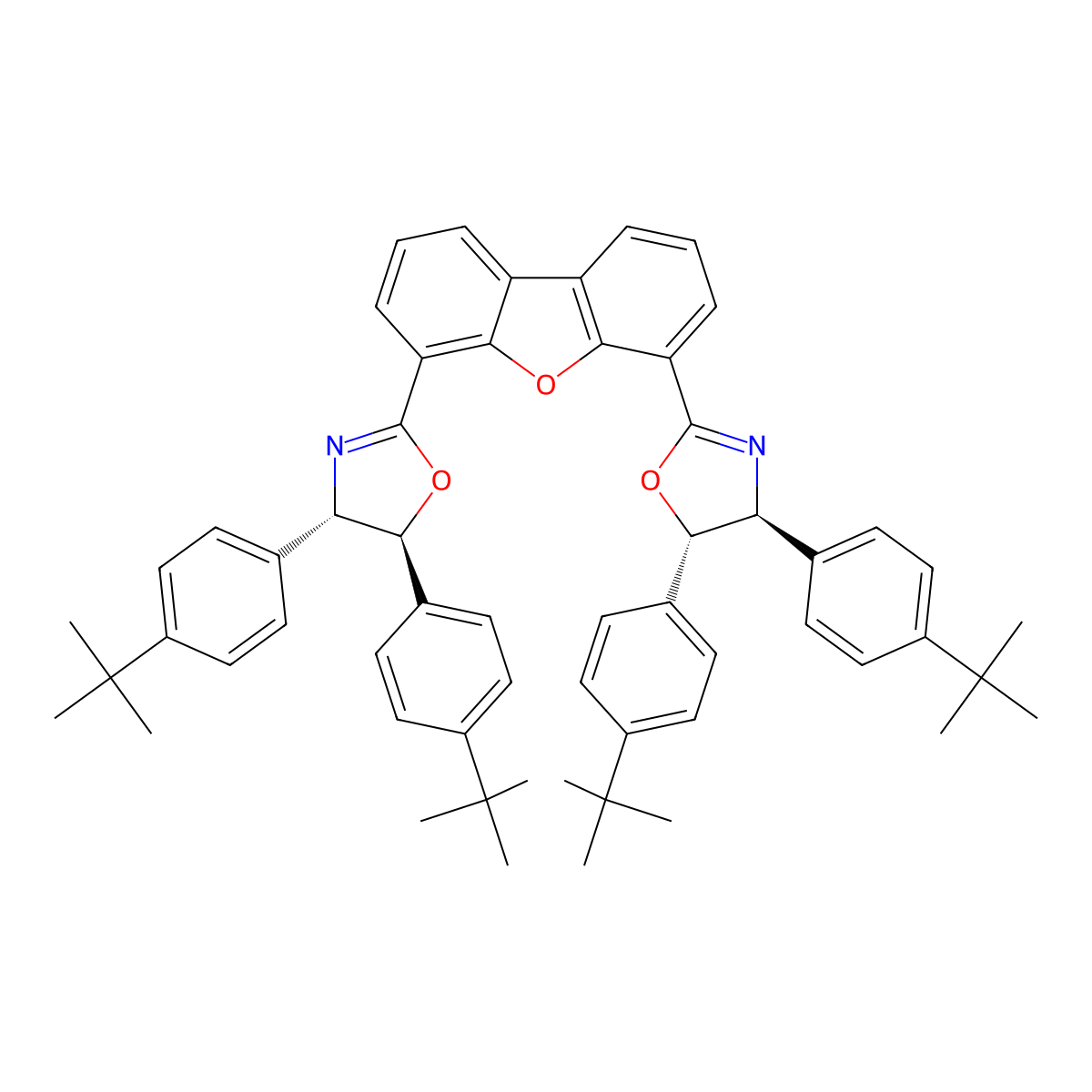 4,6-Bis((4S,5S)-4,5-bis(4-(tert-butyl)phenyl)-4,5-dihydrooxazol-2-yl)dibenzo[b,d]furan molecular structure, CAS 2642052-76-2