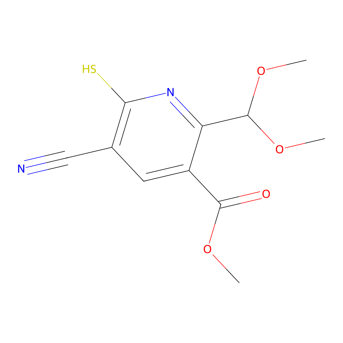 Methyl 5-cyano-2-(dimethoxymethyl)-6-mercaptonicotinate molecular structure, CAS 264225-72-1