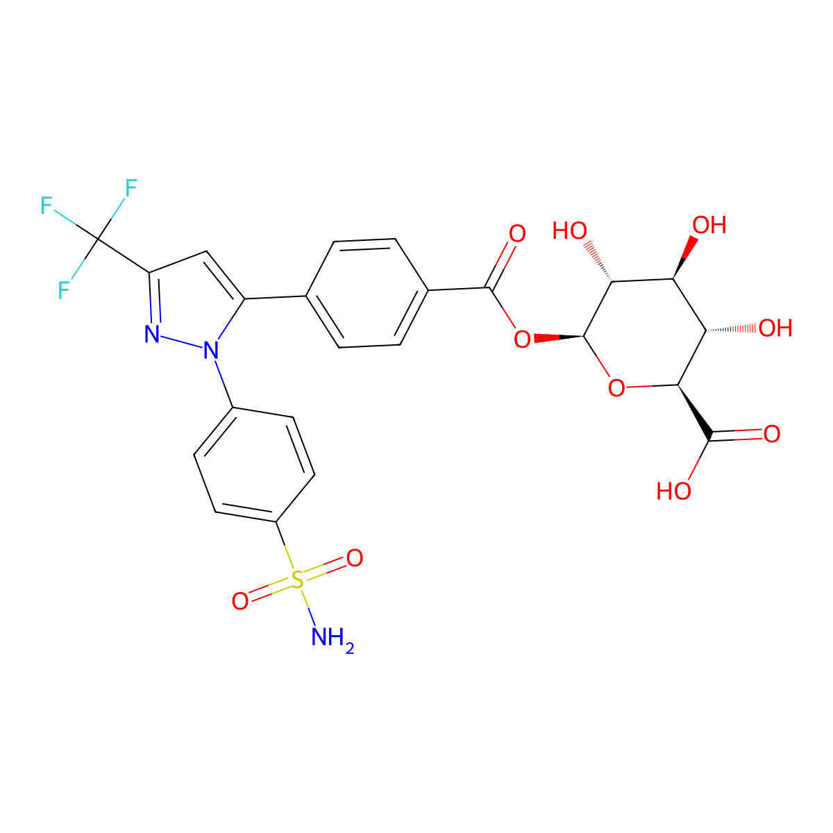 beta-D-Glucopyranuronic acid, 1-(4-(1-(4-(aminosulfonyl)phenyl)-3-(trifluoromethyl)-1H-pyrazol-5-yl)benzoate) molecular structure, CAS 264236-79-5